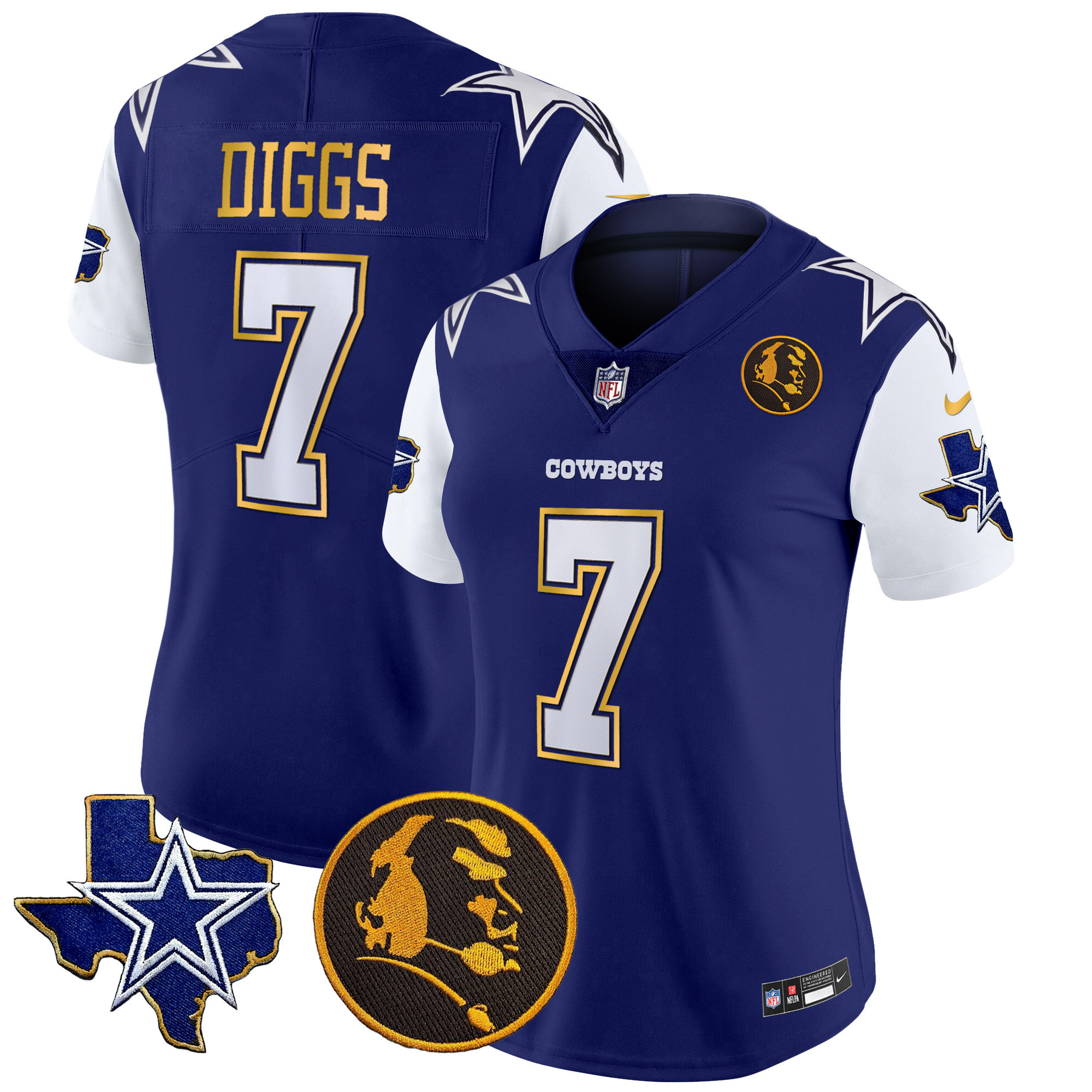 Trevon Diggs Women's Dallas Cowboys Texas & John Madden Patch Gold Trim Vapor Royal Jersey - All Stitched