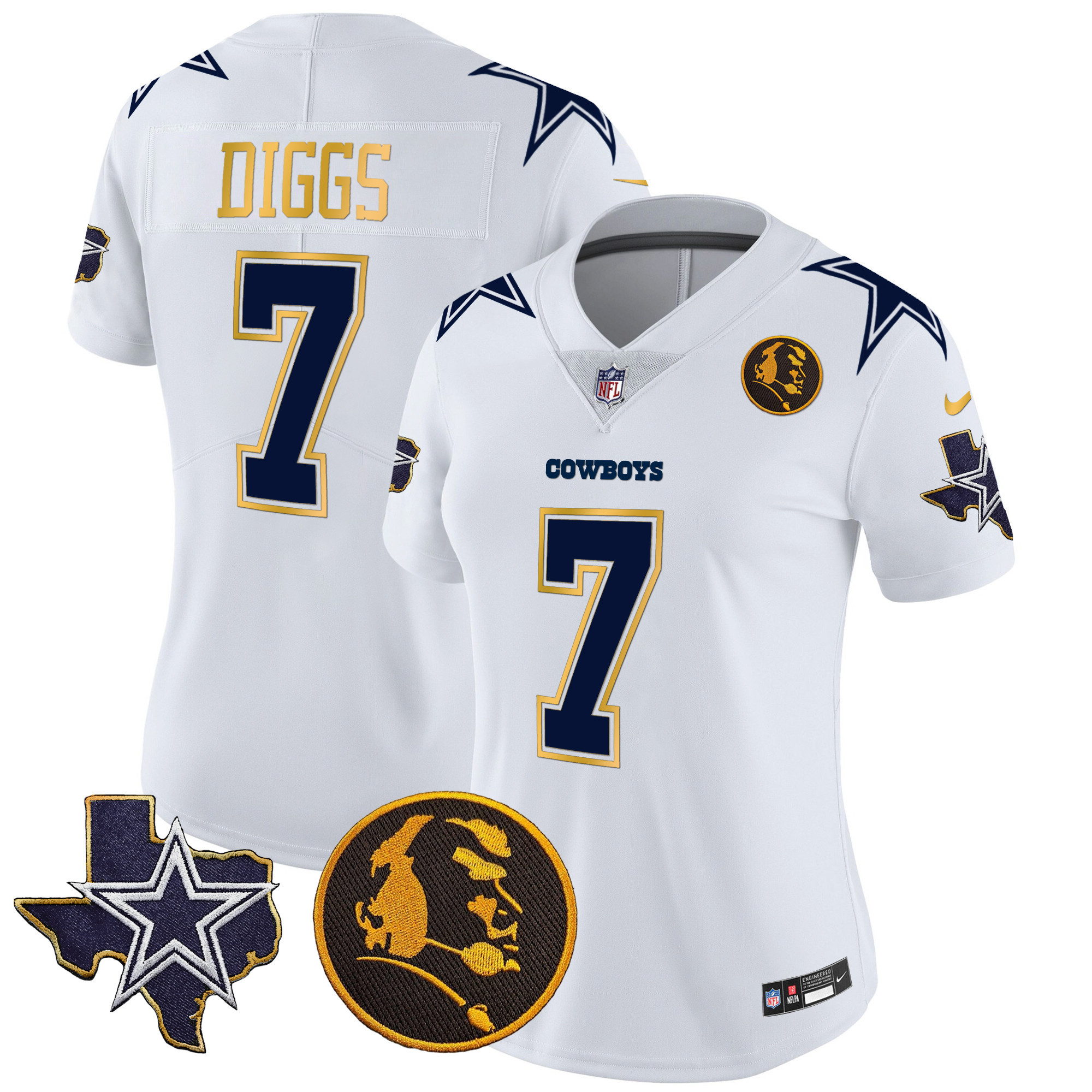 Trevon Diggs Women's Dallas Cowboys Texas & John Madden Patch Gold Trim Vapor White Jersey - All Stitched