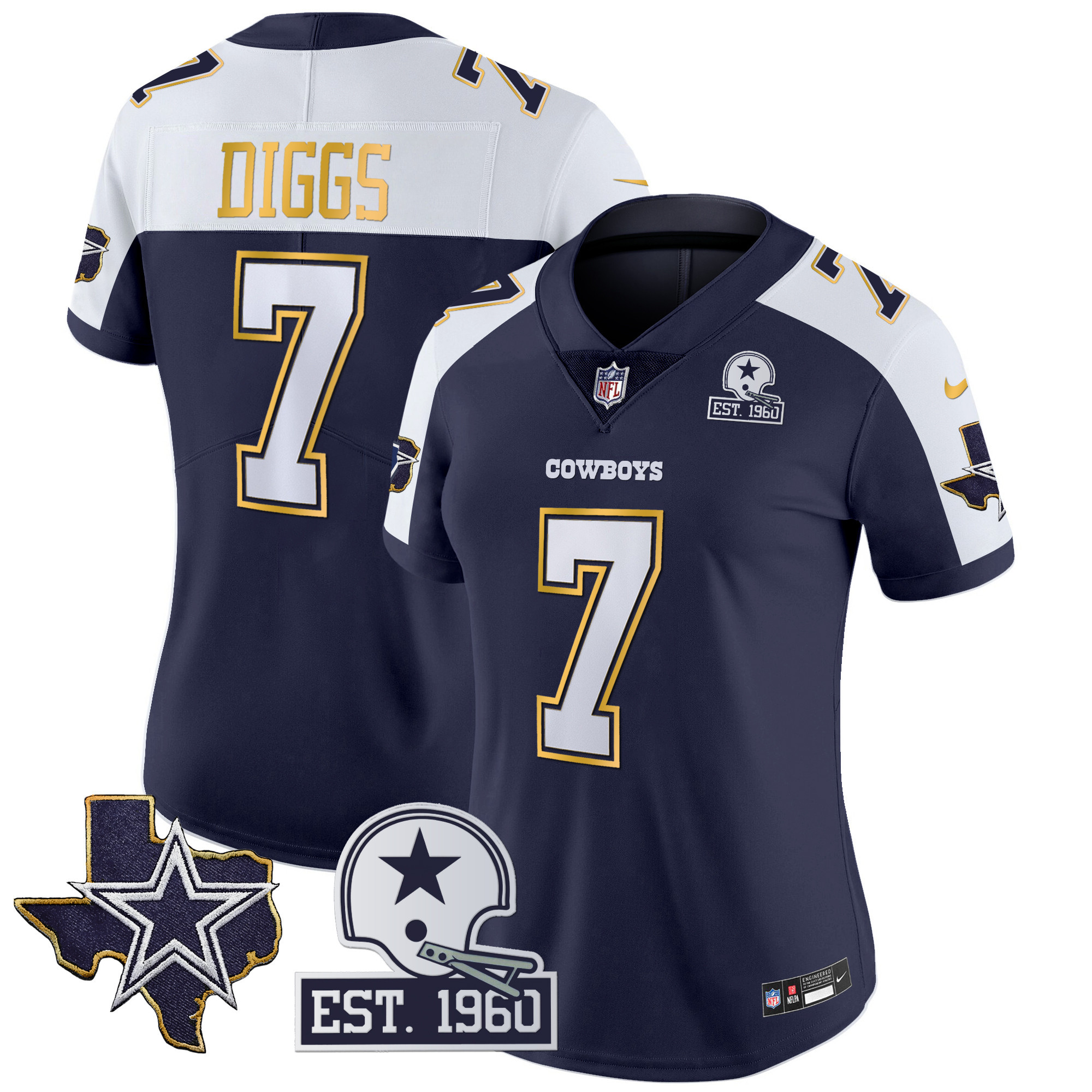 Trevon Diggs Women's Dallas Cowboys Texas Patch Gold Trim Vapor Navy Alternate Jersey - All Stitched