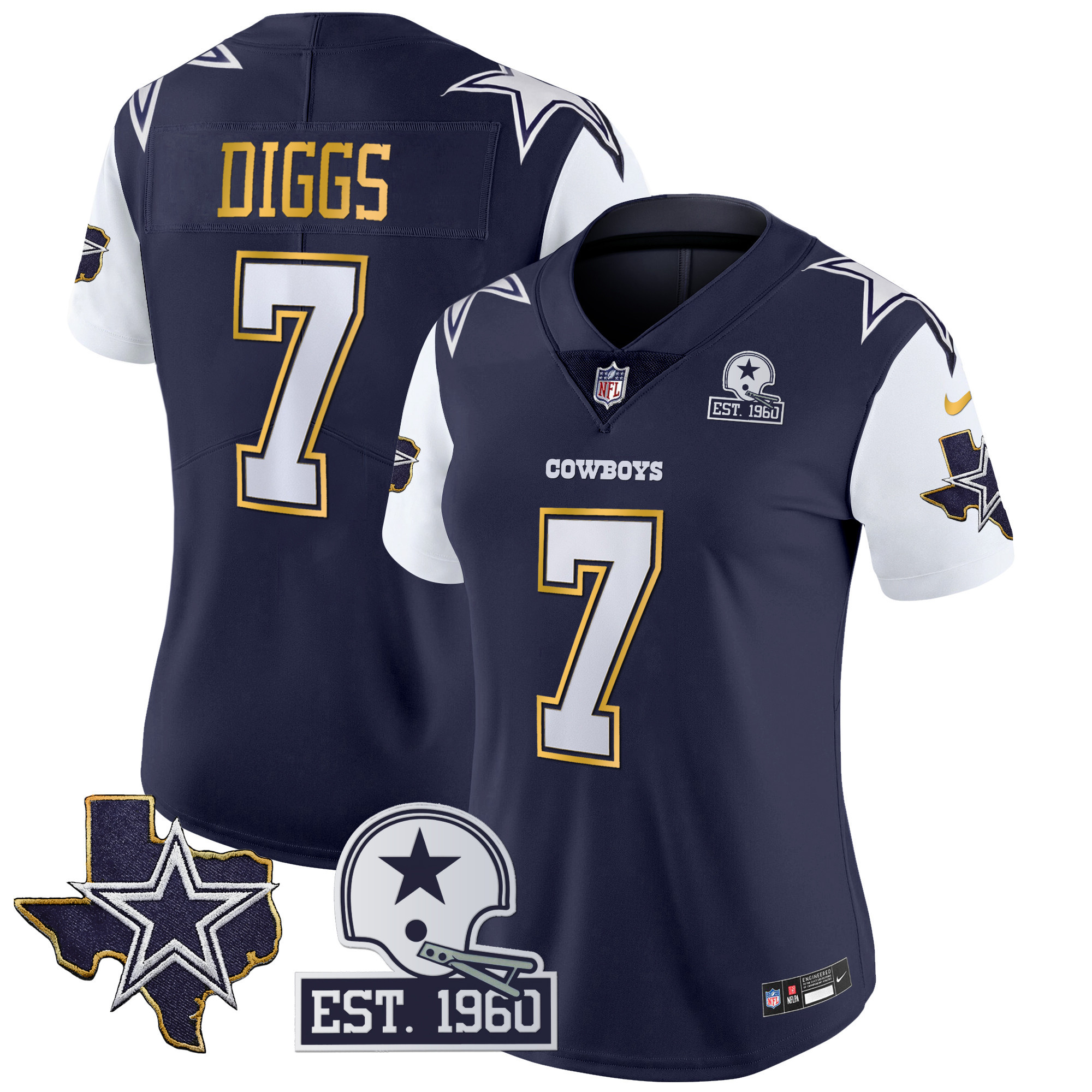 Trevon Diggs Women's Dallas Cowboys Texas Patch Gold Trim Vapor Navy Jersey - All Stitched