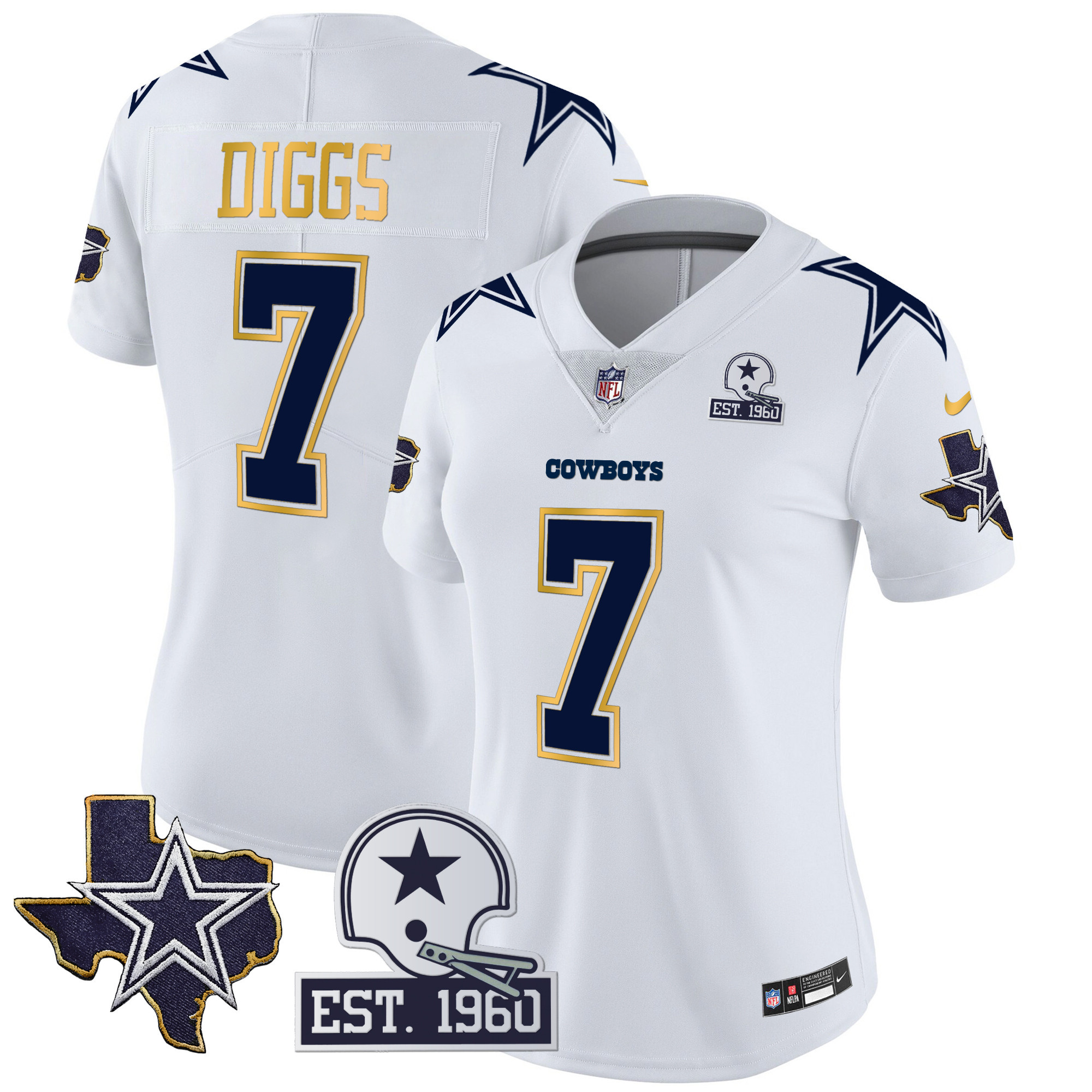 Trevon Diggs Women's Dallas Cowboys Texas Patch Gold Trim Vapor White Jersey - All Stitched