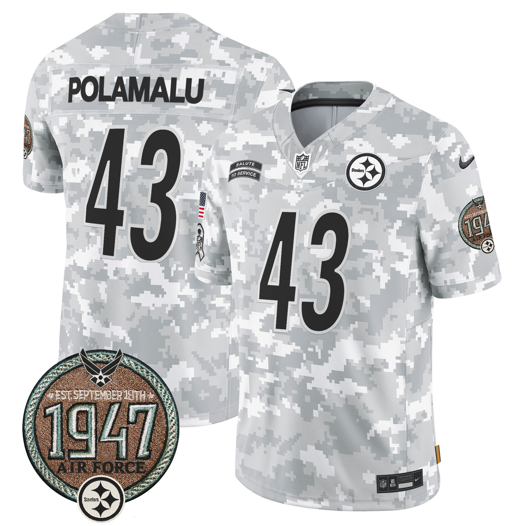 Troy Polamalu Men's Pittsburgh Steelers 2024 Salute to Service Establishment Year Patch Vapor Limited Air Force Jersey - All Stitched