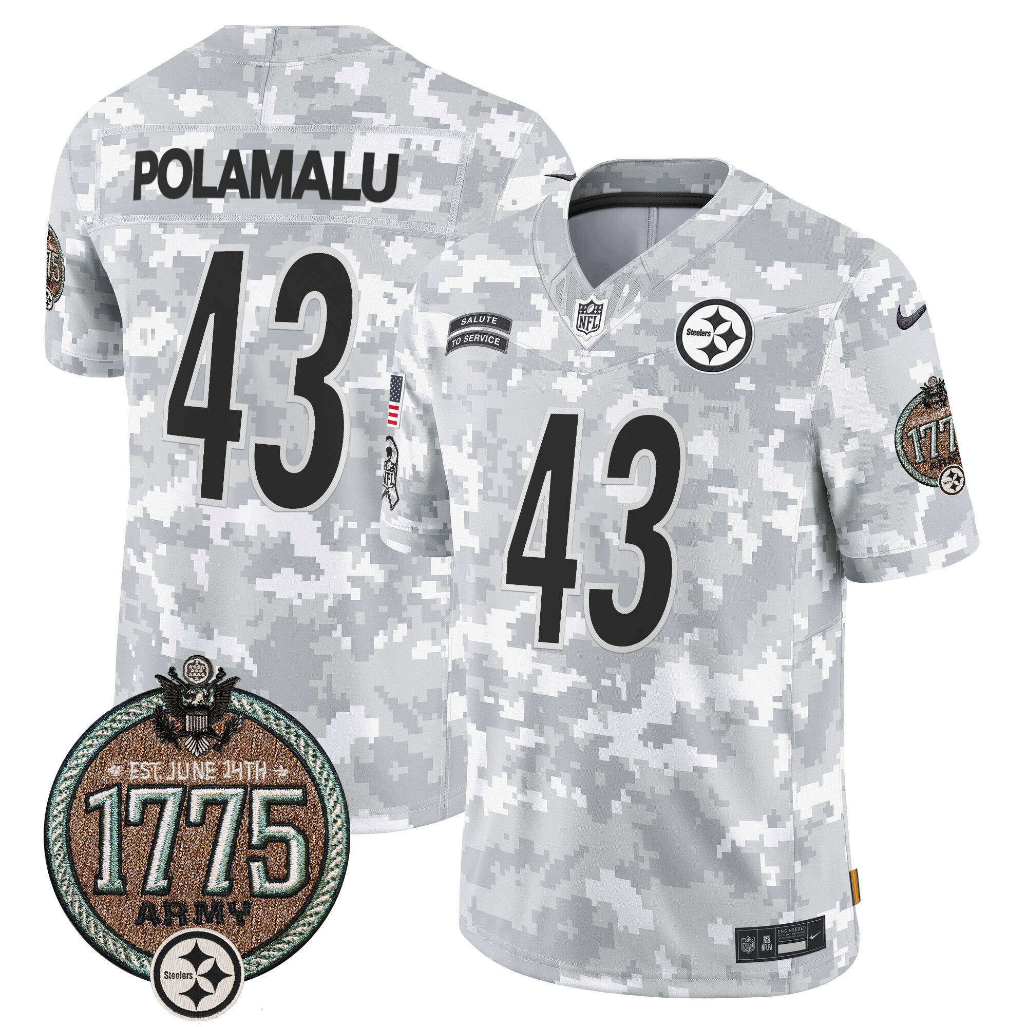 Troy Polamalu Men's Pittsburgh Steelers 2024 Salute to Service Establishment Year Patch Vapor Limited Army Jersey - All Stitched