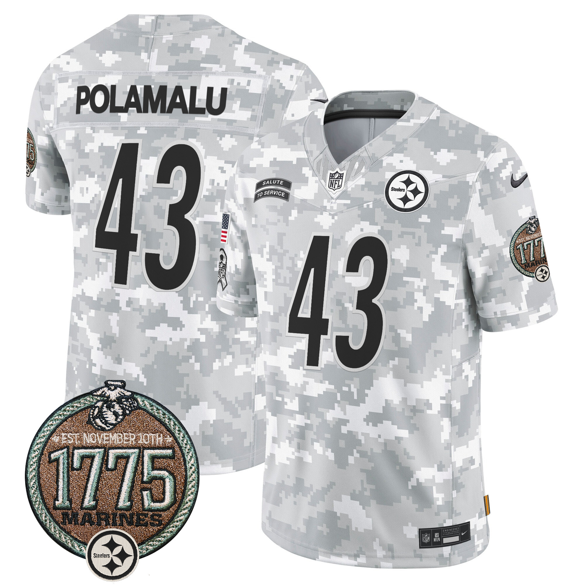Troy Polamalu Men's Pittsburgh Steelers 2024 Salute to Service Establishment Year Patch Vapor Limited Marines Jersey - All Stitched