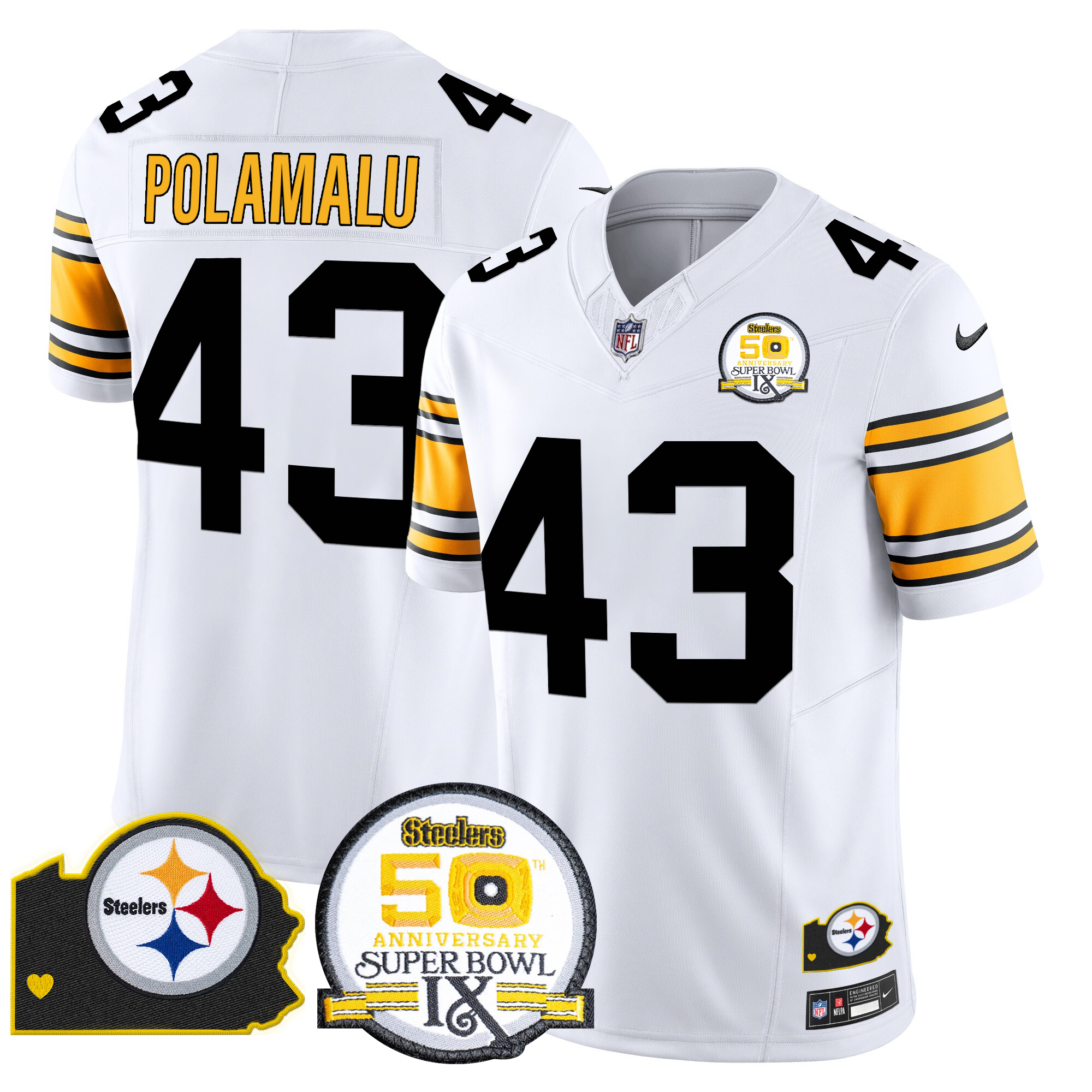 Troy Polamalu Men's Pittsburgh Steelers 50th Anniversary Of Super Bowl IX & Map Patch Vapor Limited 1975 White Jersey - All Stitched