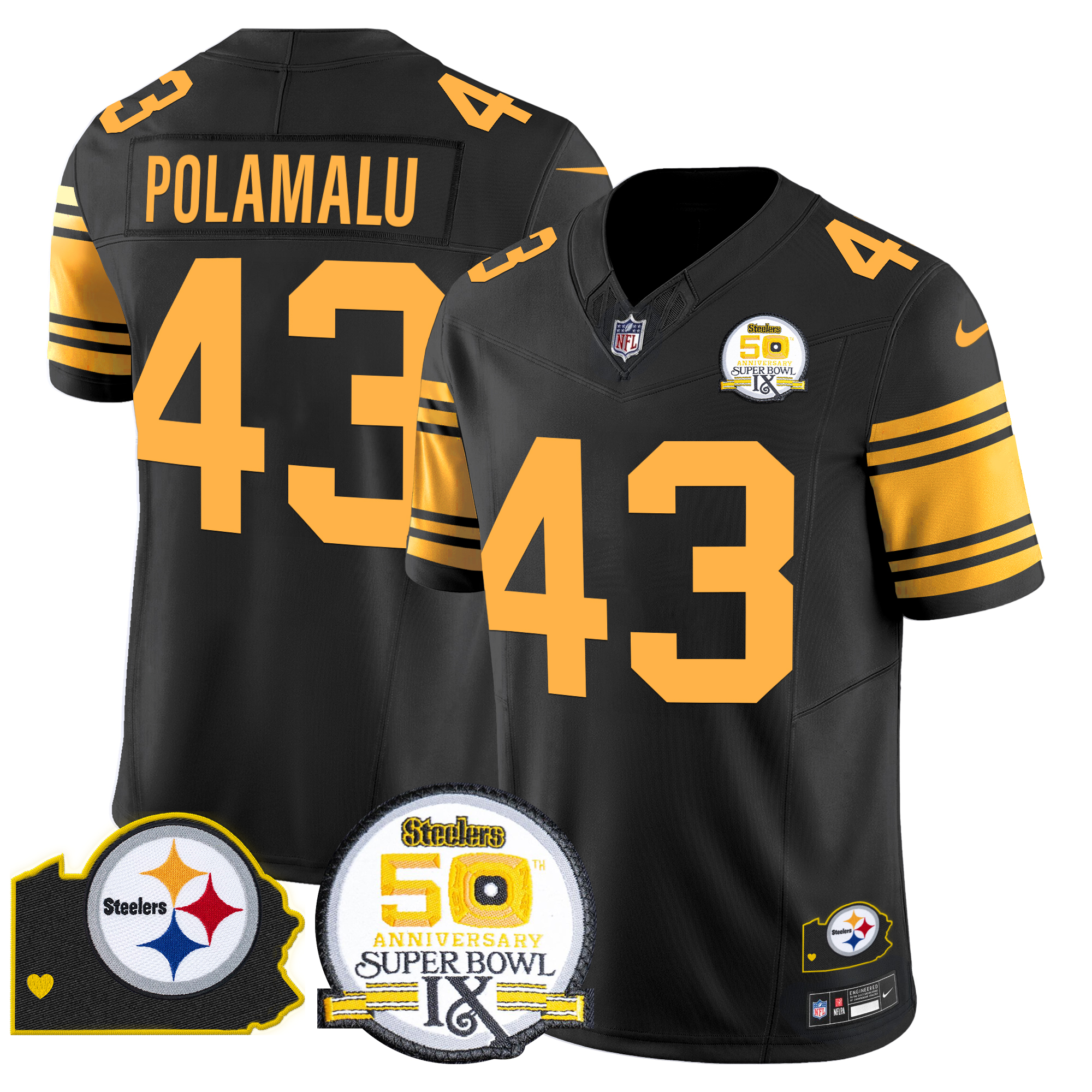 Troy Polamalu Men's Pittsburgh Steelers 50th Anniversary Of Super Bowl IX & Map Patch Vapor Limited Color Rush Jersey - All Stitched