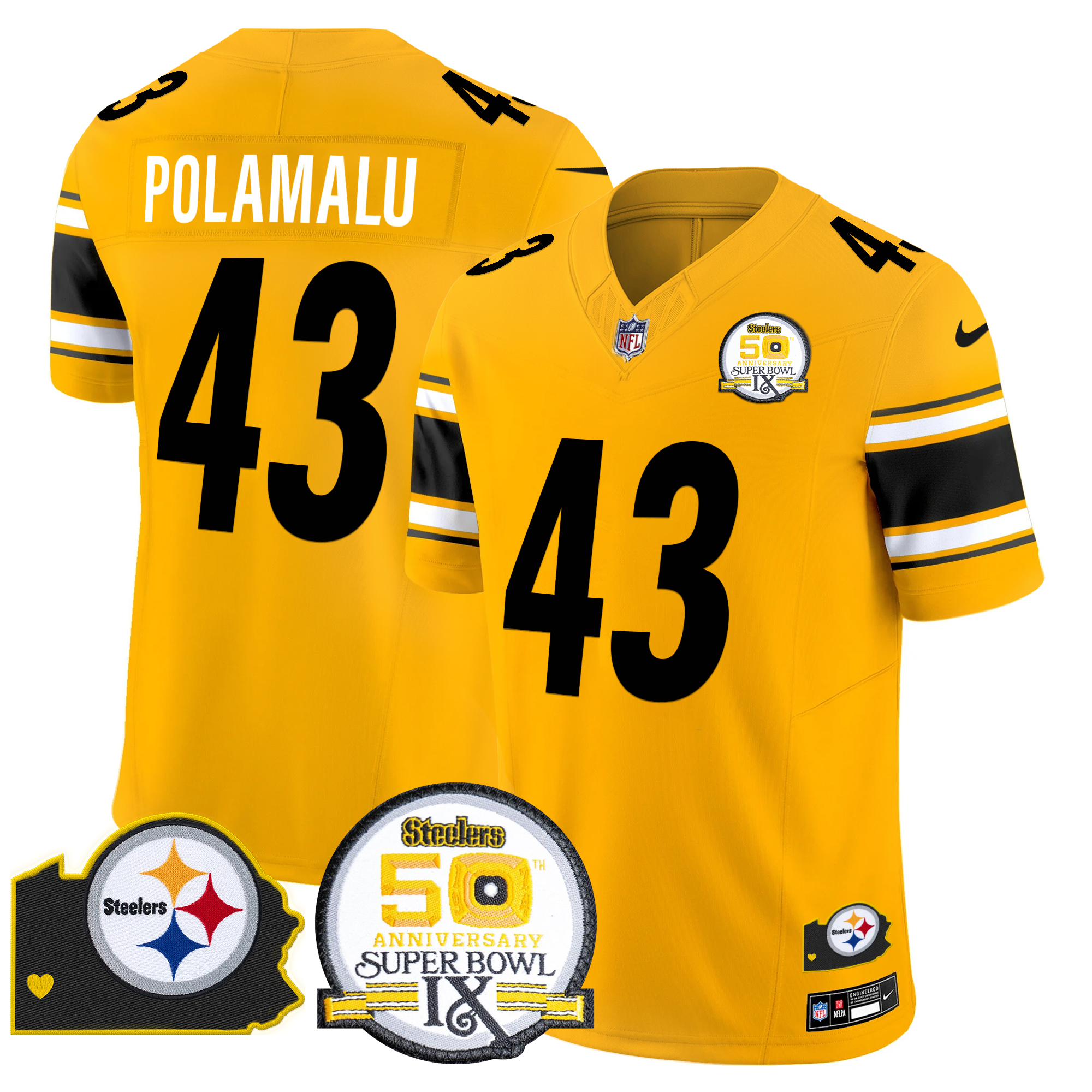 Troy Polamalu Men's Pittsburgh Steelers 50th Anniversary Of Super Bowl IX & Map Patch Vapor Limited Gold Jersey - All Stitched