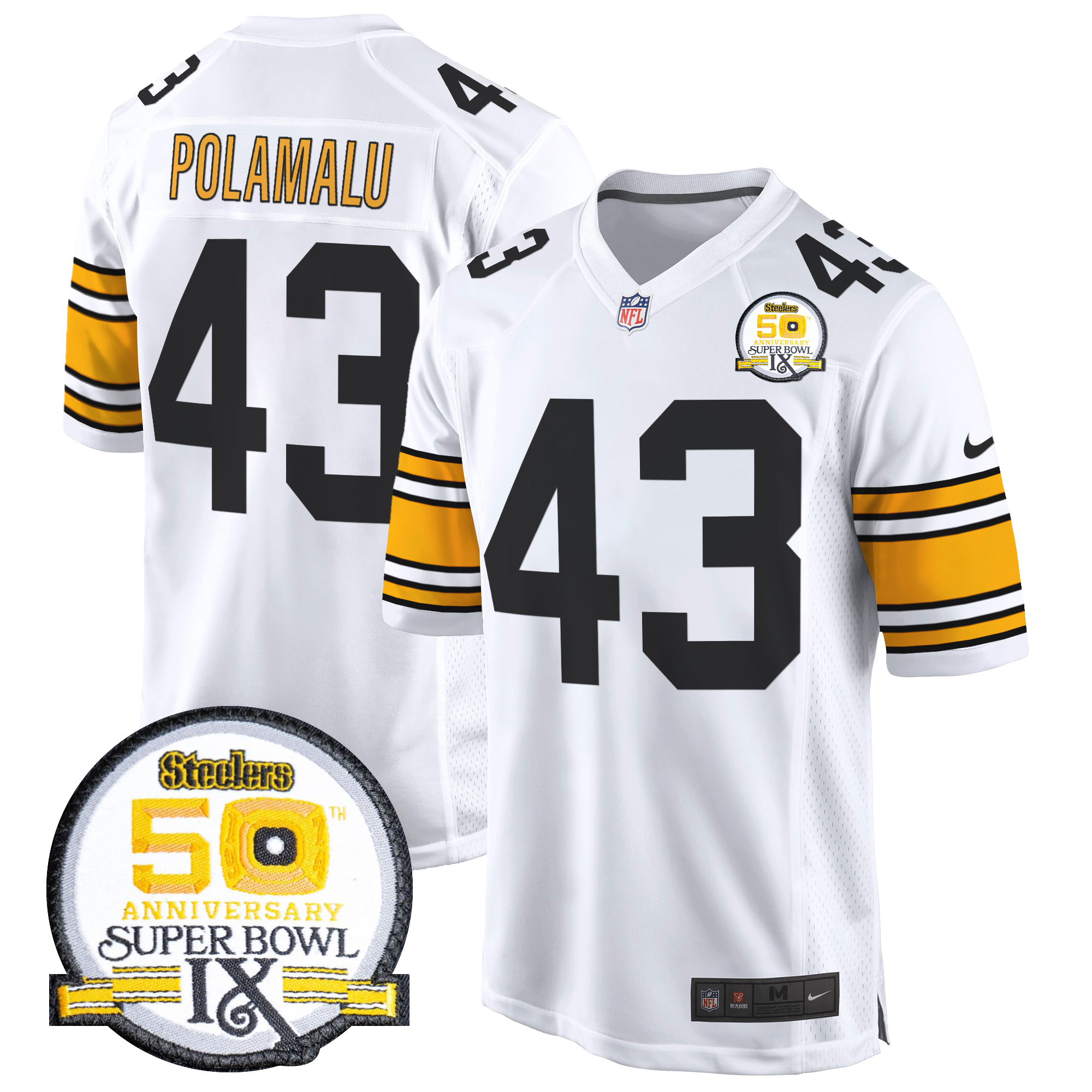 Troy Polamalu Men's Pittsburgh Steelers 50th Anniversary Of Super Bowl IX Patch Game 1975 White Jersey - All Stitched