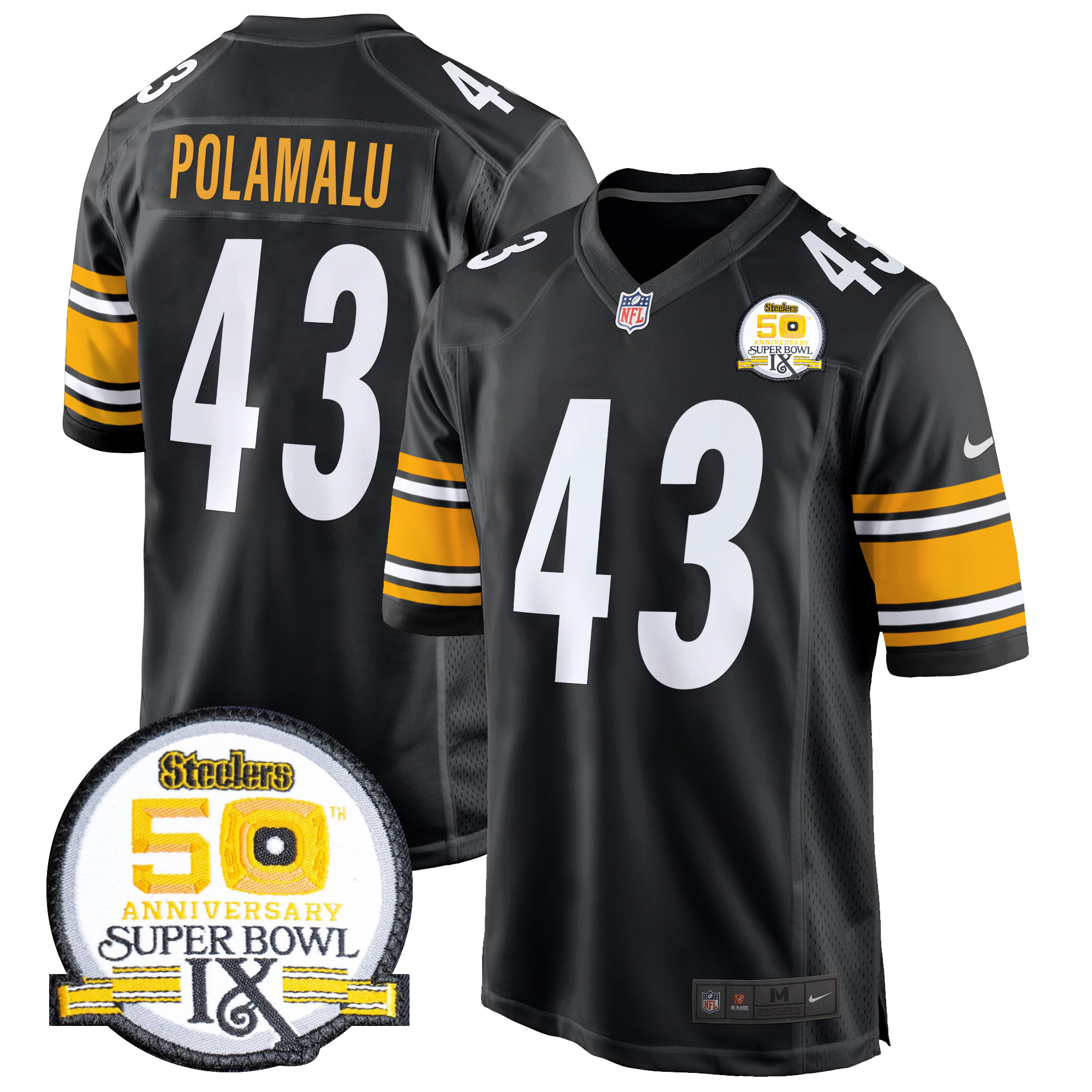 Troy Polamalu Men's Pittsburgh Steelers 50th Anniversary Of Super Bowl IX Patch Game Black Jersey - All Stitched
