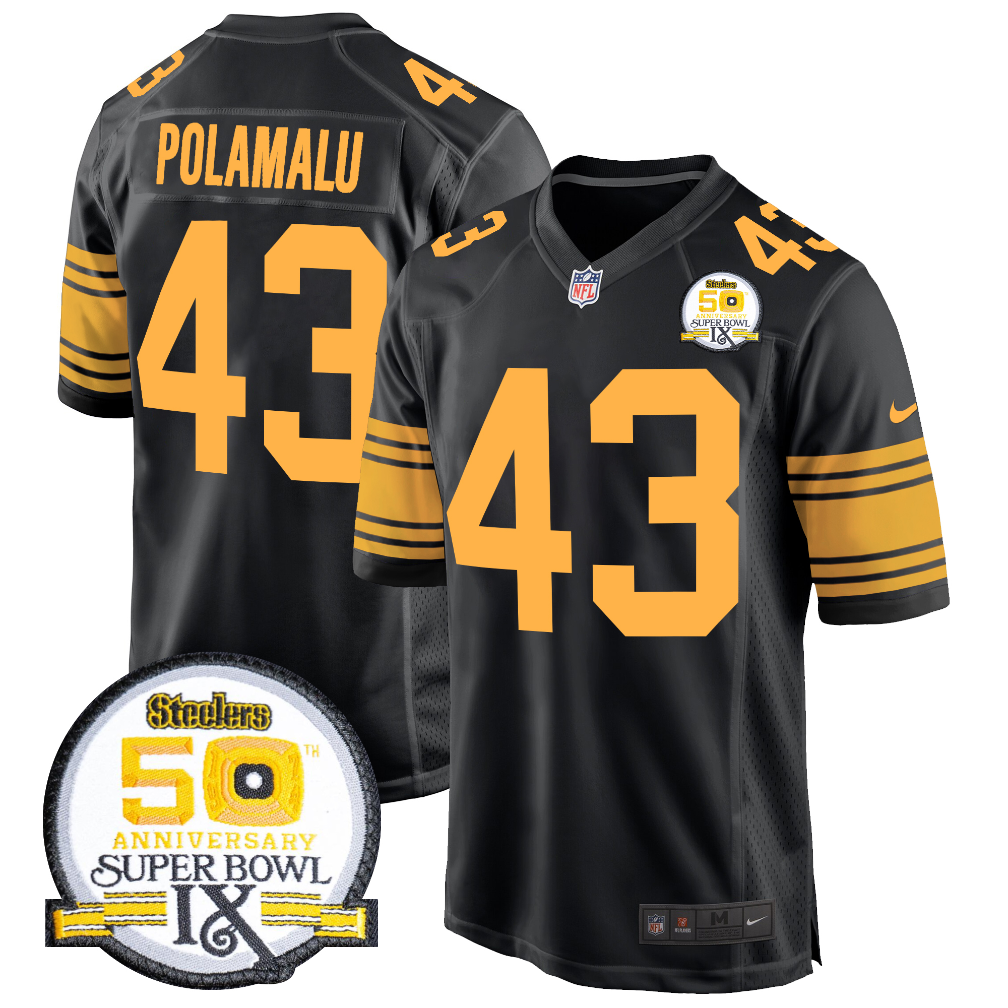 Troy Polamalu Men's Pittsburgh Steelers 50th Anniversary Of Super Bowl IX Patch Game Color Rush Jersey - All Stitched