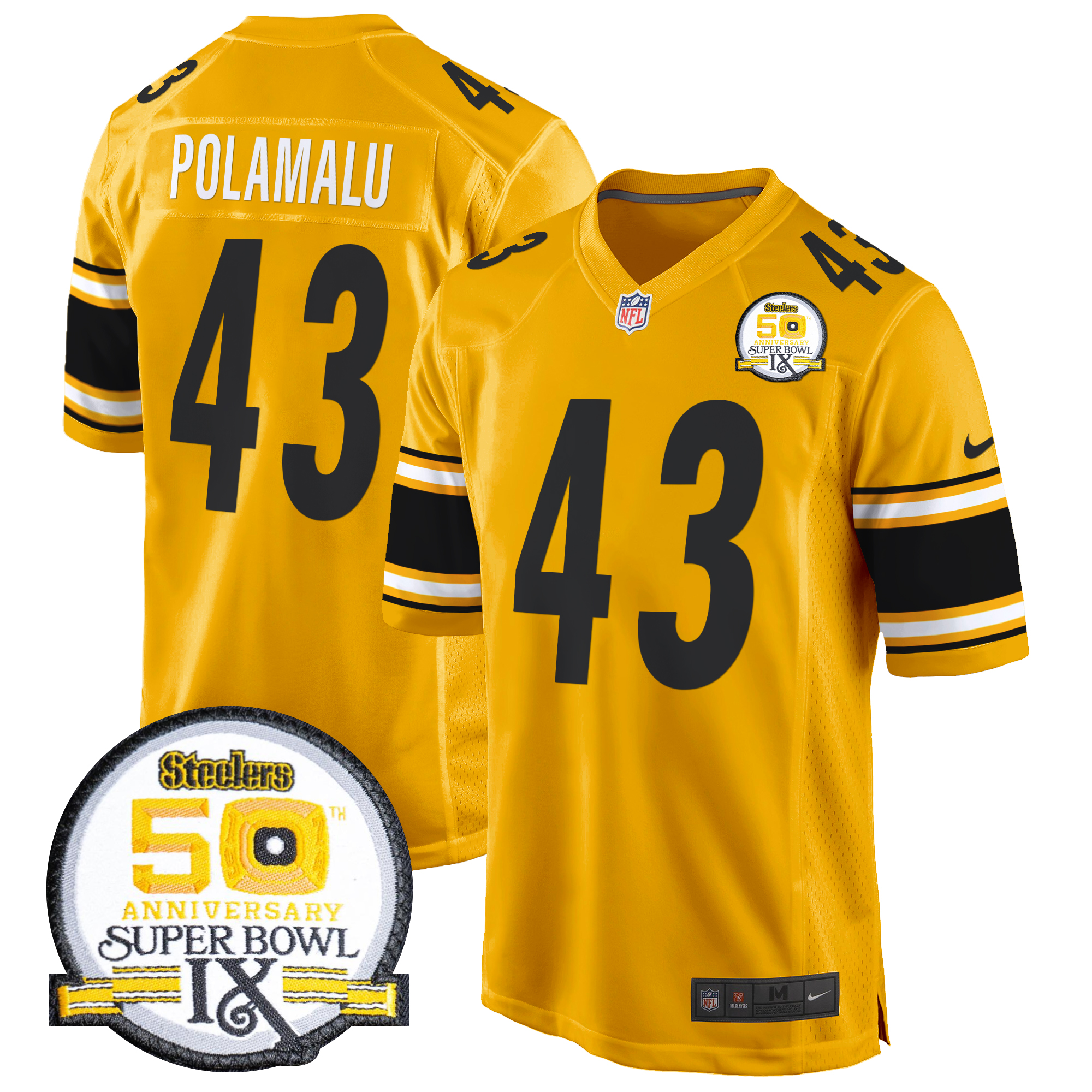 Troy Polamalu Men's Pittsburgh Steelers 50th Anniversary Of Super Bowl IX Patch Game Gold Jersey - All Stitched