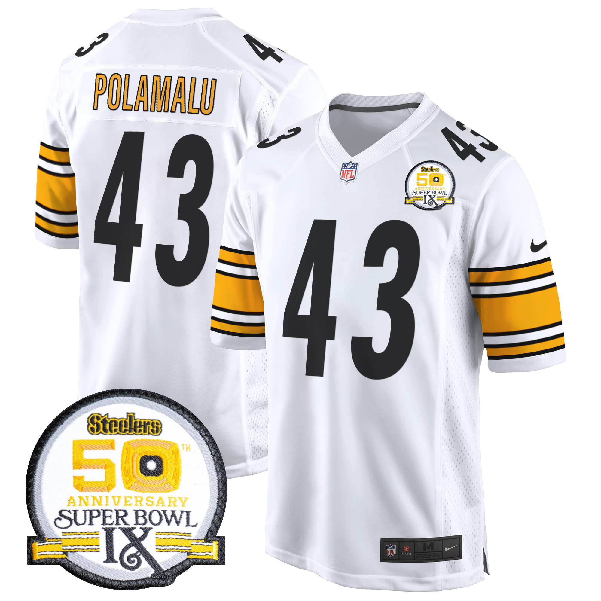 Troy Polamalu Men's Pittsburgh Steelers 50th Anniversary Of Super Bowl IX Patch Game White Jersey - All Stitched