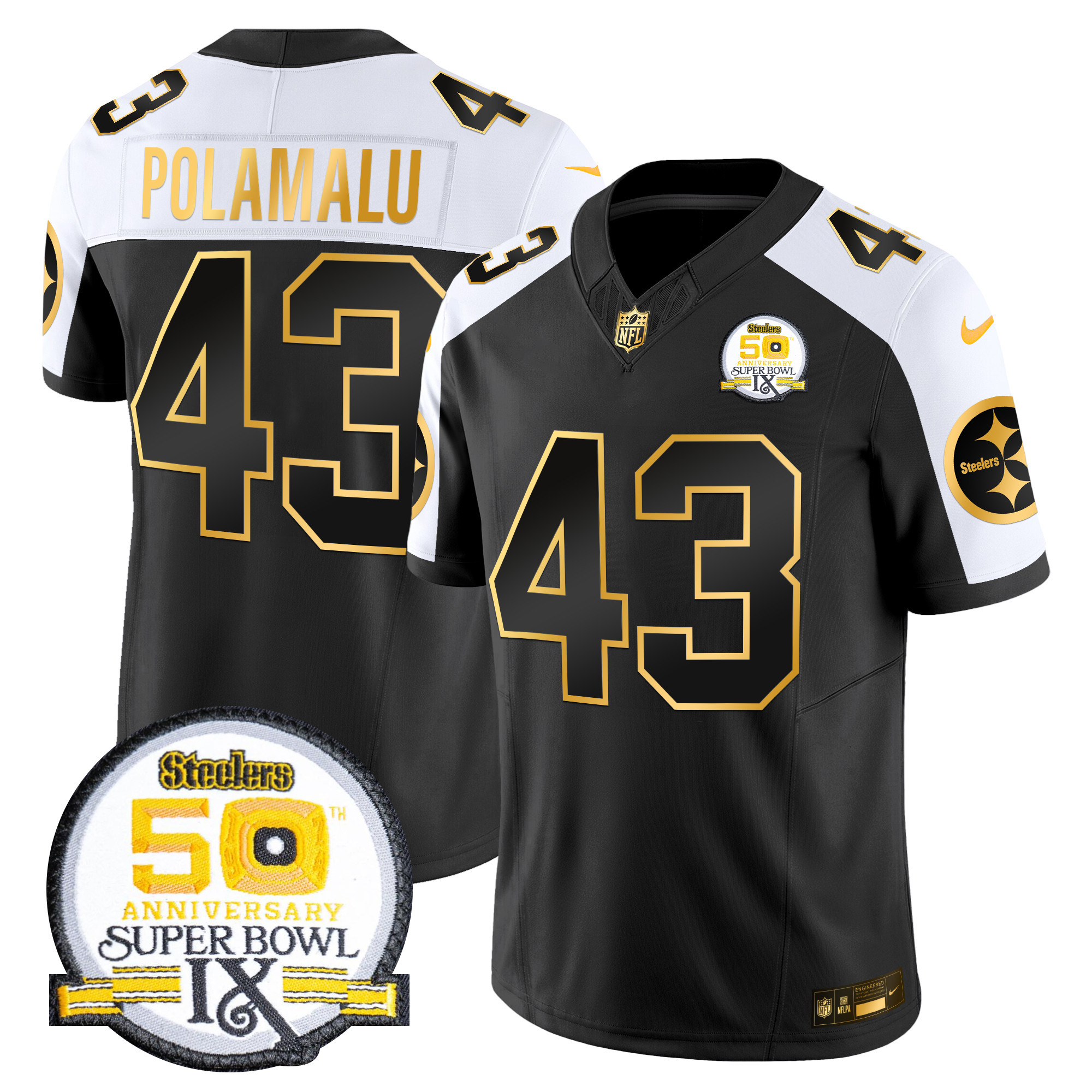Troy Polamalu Men's Pittsburgh Steelers 50th Anniversary of Super Bowl IX Patch Gold Vapor Limited Alternate Jersey - All Stitched