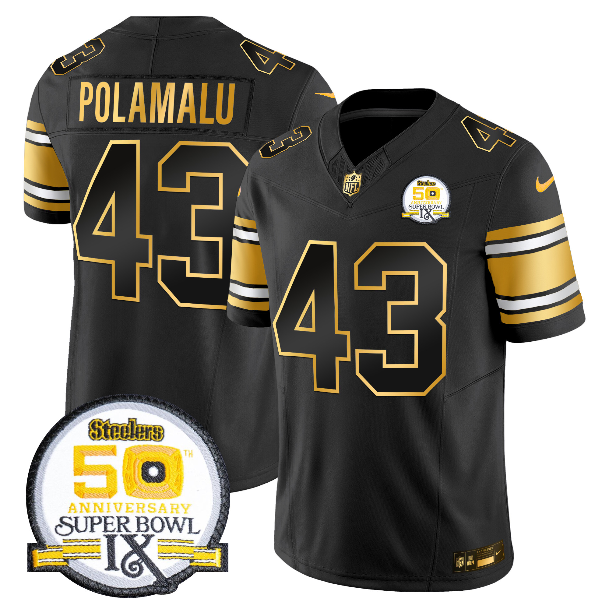Troy Polamalu Men's Pittsburgh Steelers 50th Anniversary of Super Bowl IX Patch Gold Vapor Limited Black Gold Jersey - All Stitched