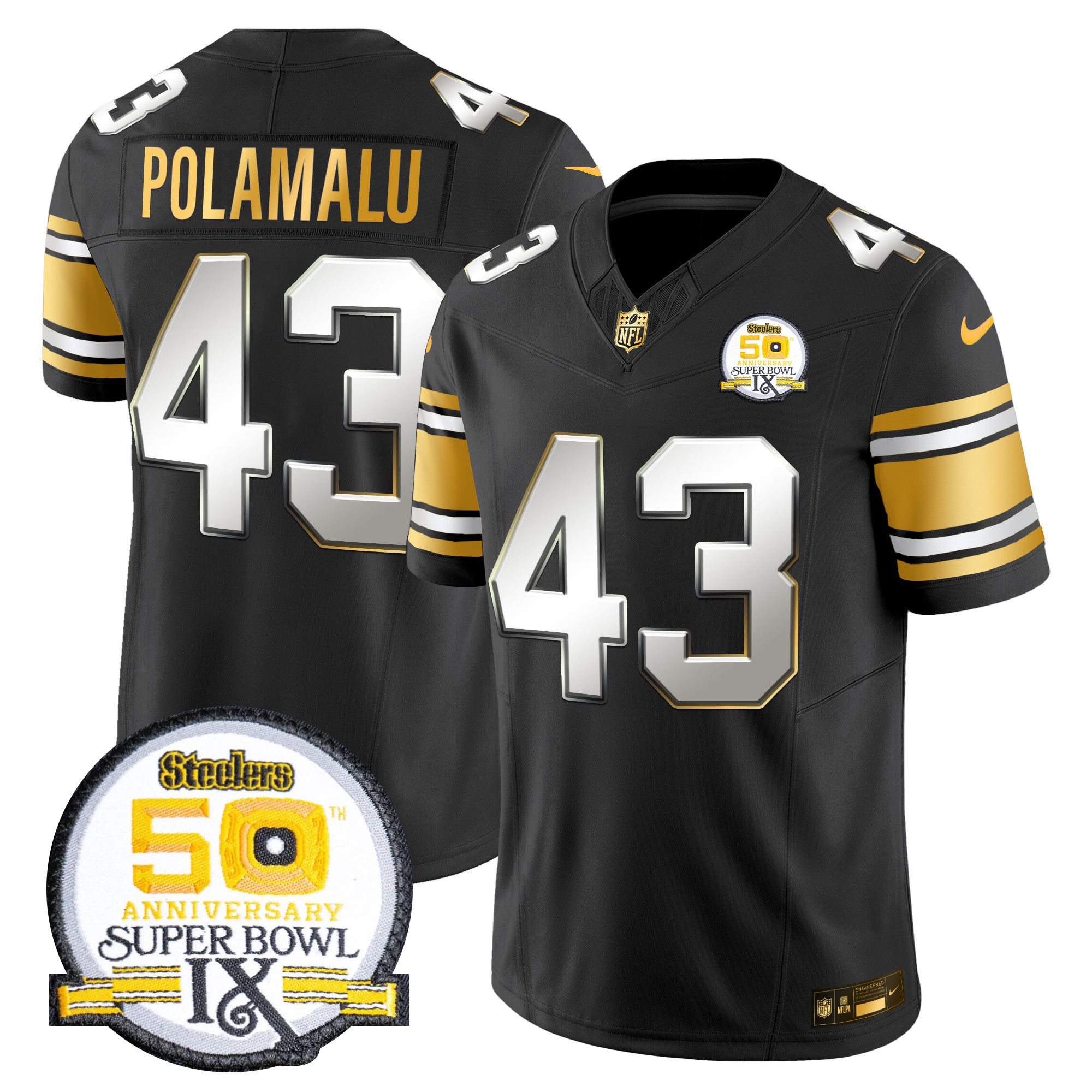 Troy Polamalu Men's Pittsburgh Steelers 50th Anniversary of Super Bowl IX Patch Gold Vapor Limited Black Limited Jersey - All Stitched