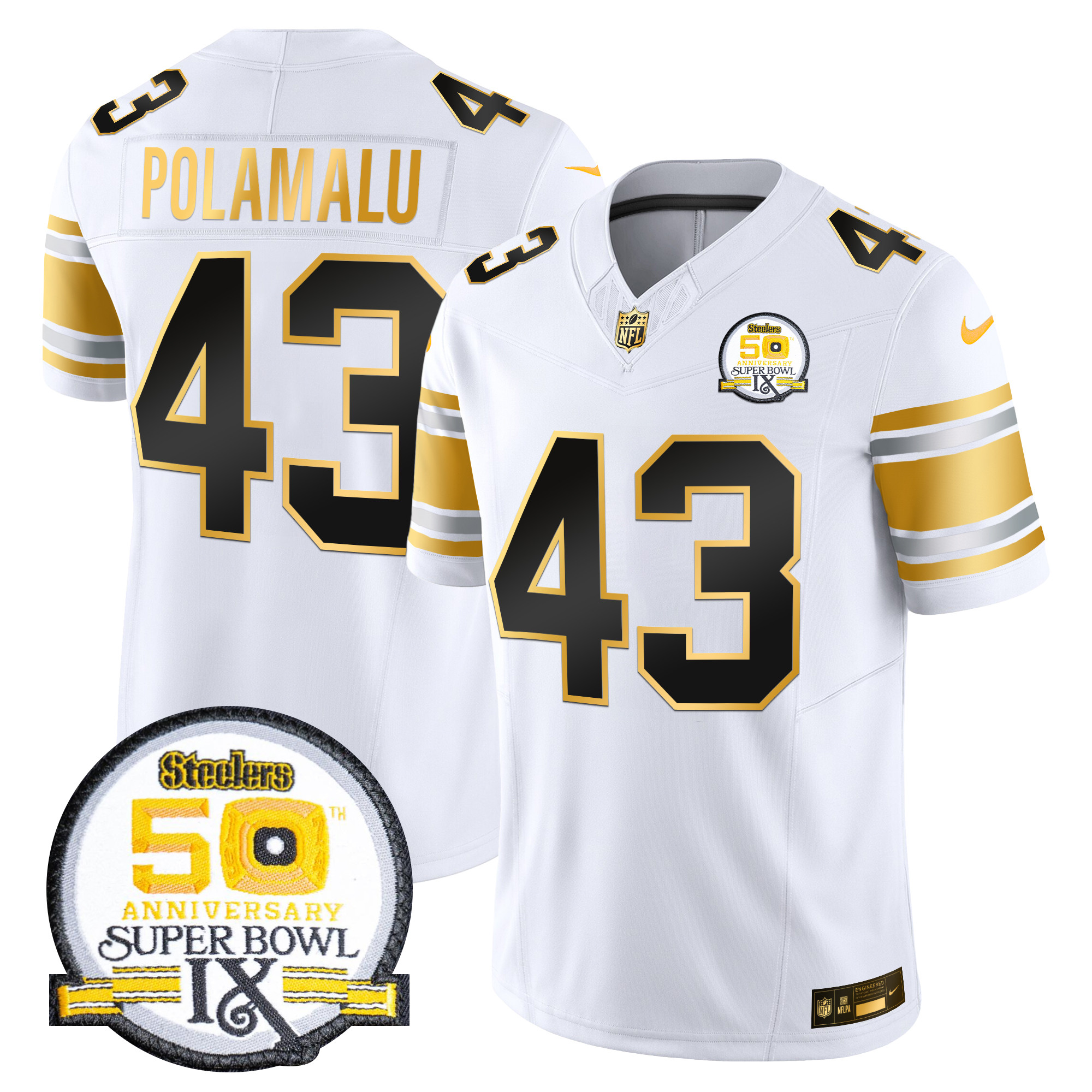 Troy Polamalu Men's Pittsburgh Steelers 50th Anniversary of Super Bowl IX Patch Gold Vapor Limited White Gold Jersey - All Stitched