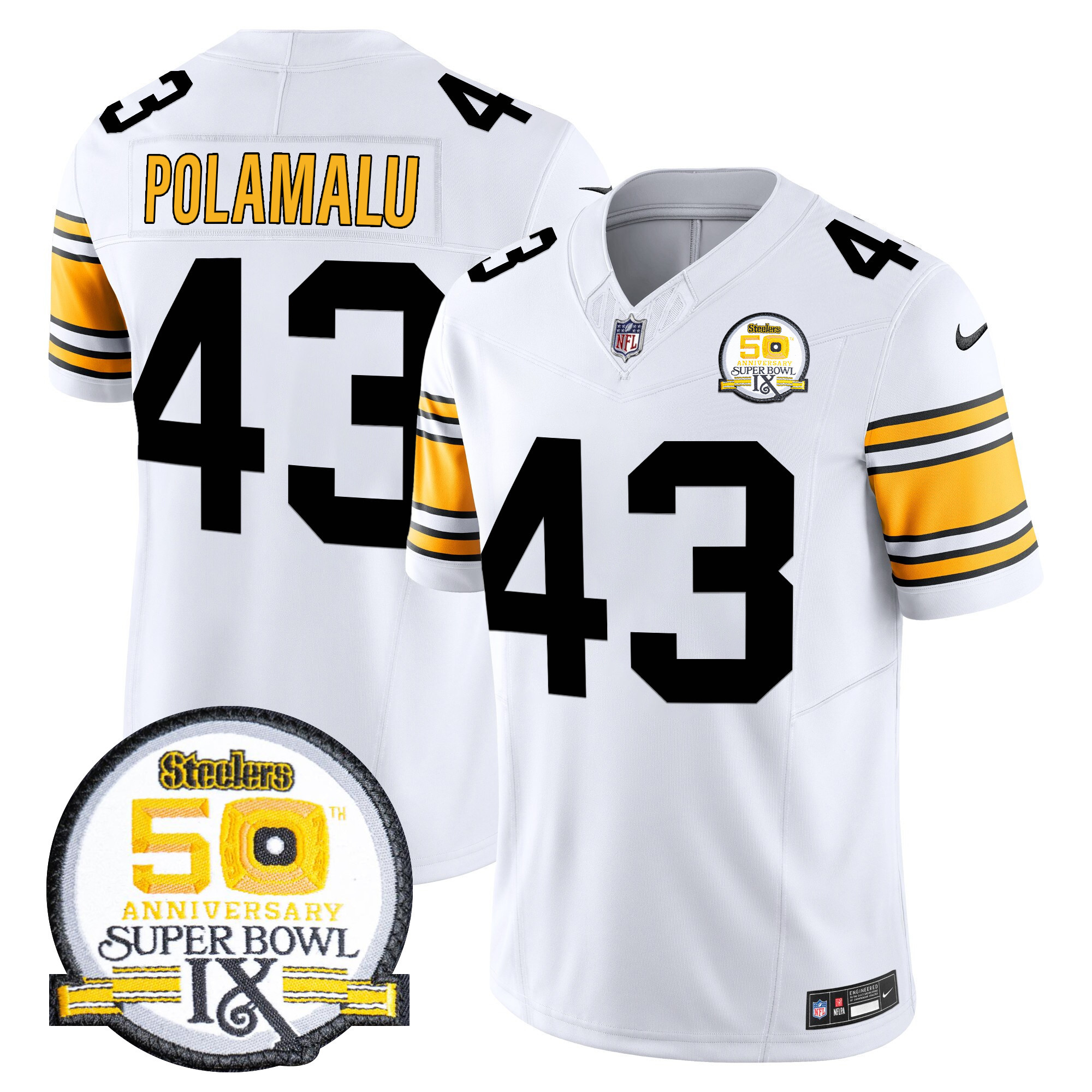 Troy Polamalu Men's Pittsburgh Steelers 50th Anniversary Of Super Bowl IX Patch Vapor Limited 1975 White Jersey - All Stitched