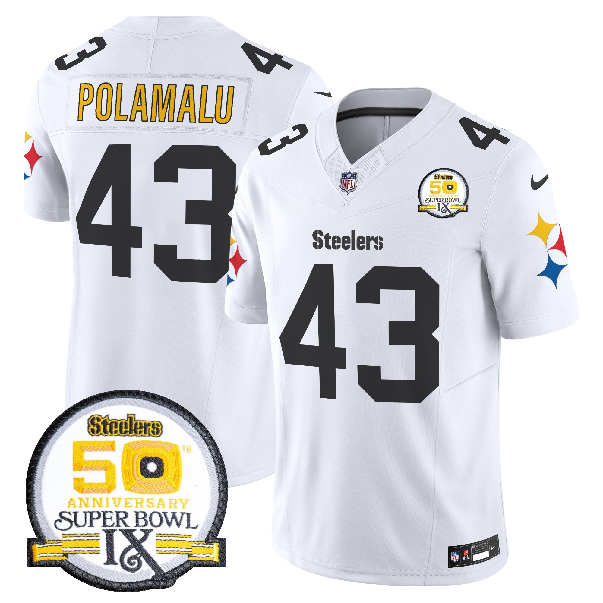 Troy Polamalu Men's Pittsburgh Steelers 50th Anniversary Of Super Bowl IX Patch Vapor Limited 1975 White Jersey - All Stitched