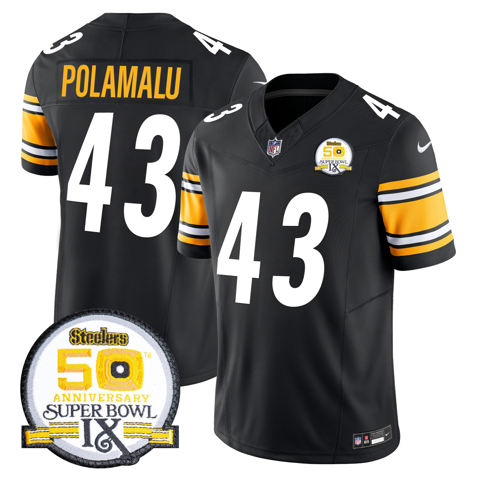 Troy Polamalu Men's Pittsburgh Steelers 50th Anniversary Of Super Bowl IX Patch Vapor Limited Black Jersey - All Stitched