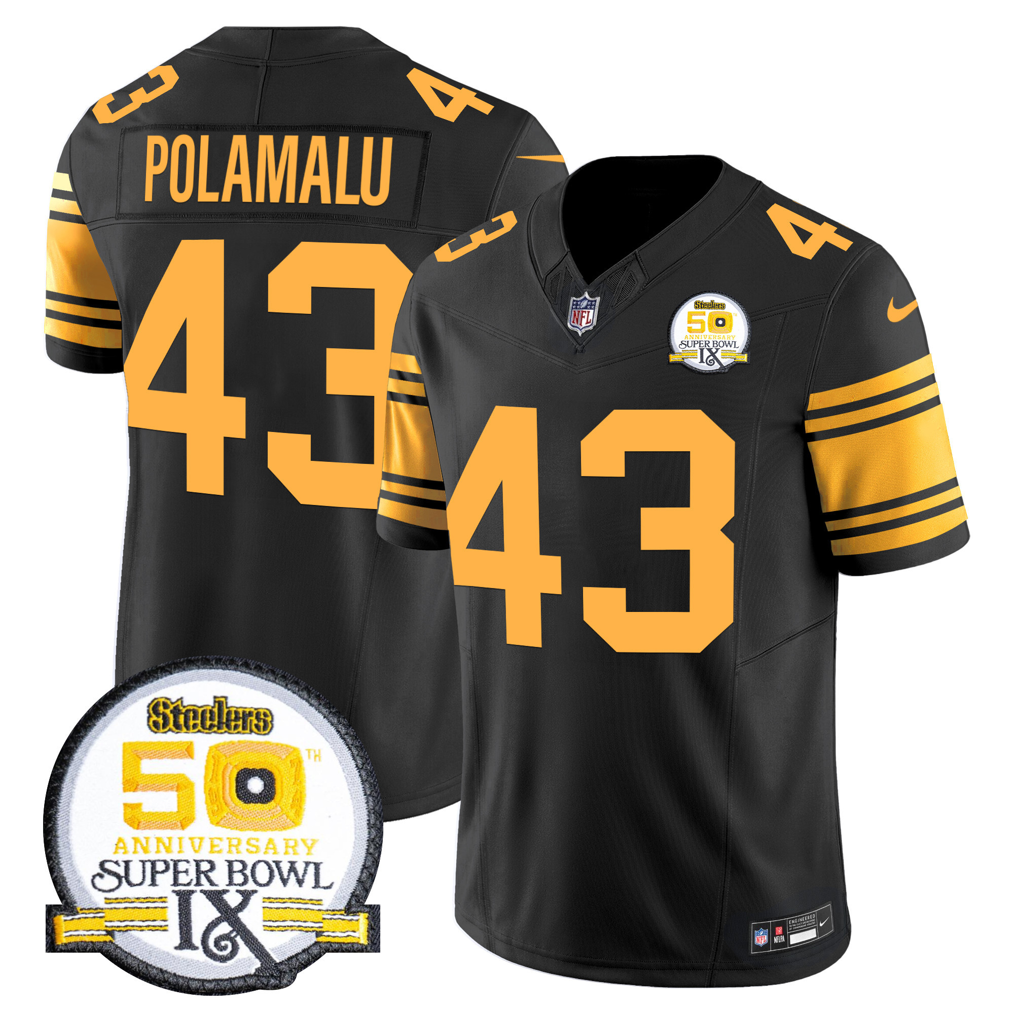 Troy Polamalu Men's Pittsburgh Steelers 50th Anniversary Of Super Bowl IX Patch Vapor Limited Color Rush Jersey - All Stitched