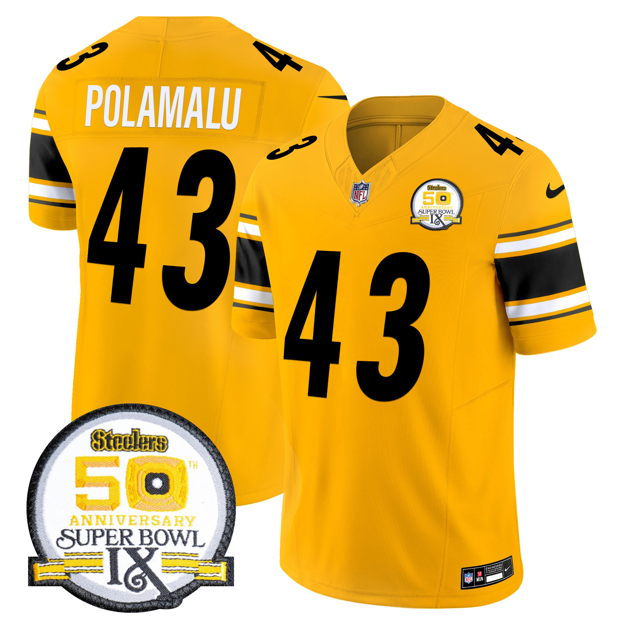 Troy Polamalu Men's Pittsburgh Steelers 50th Anniversary Of Super Bowl IX Patch Vapor Limited Gold Jersey - All Stitched
