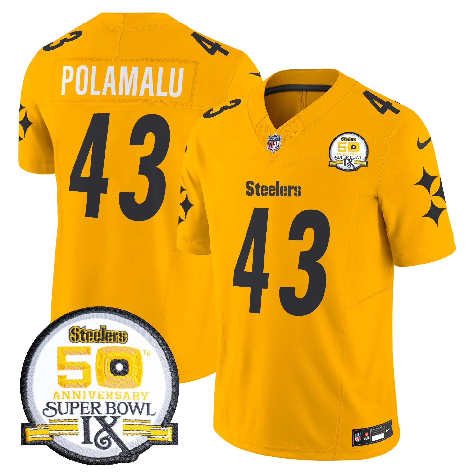 Troy Polamalu Men's Pittsburgh Steelers 50th Anniversary Of Super Bowl IX Patch Vapor Limited Gold Jersey - All Stitched