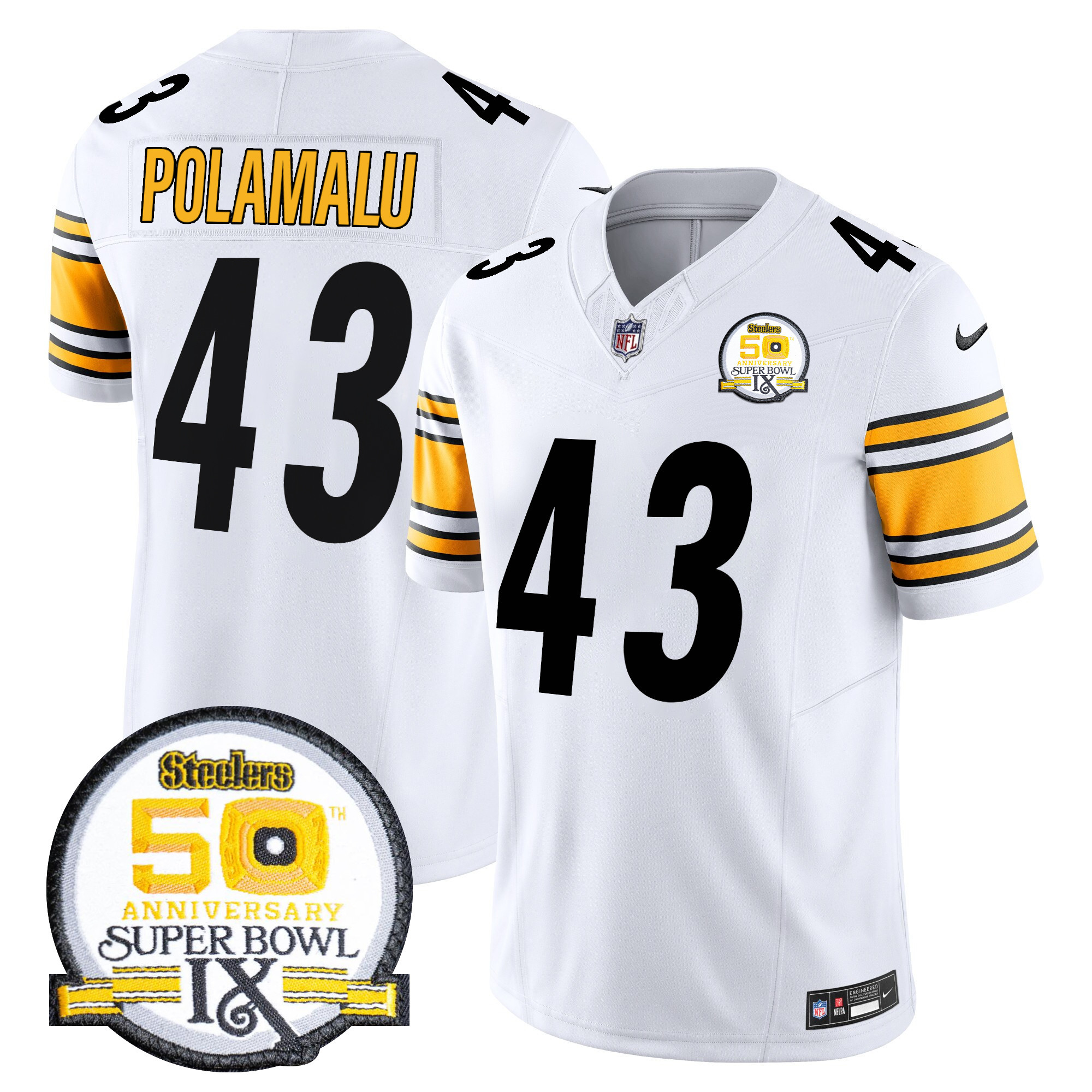 Troy Polamalu Men's Pittsburgh Steelers 50th Anniversary Of Super Bowl IX Patch Vapor Limited White Jersey - All Stitched