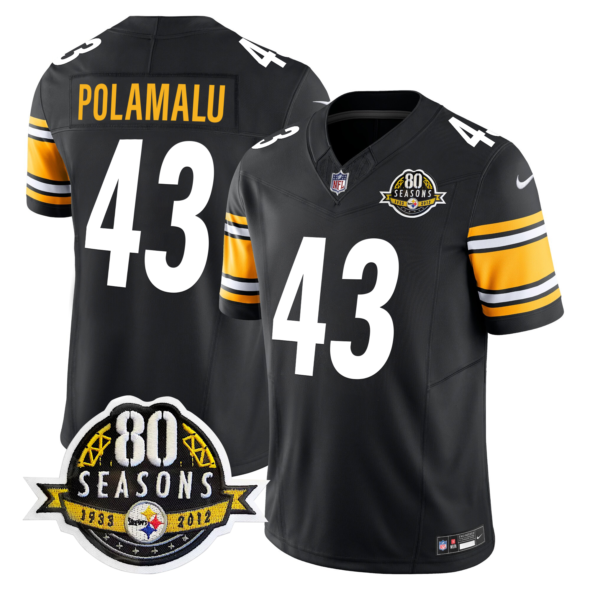 Troy Polamalu Men's Pittsburgh Steelers 80th Anniversary Patch Vapor Limited Black Jersey - All Stitched
