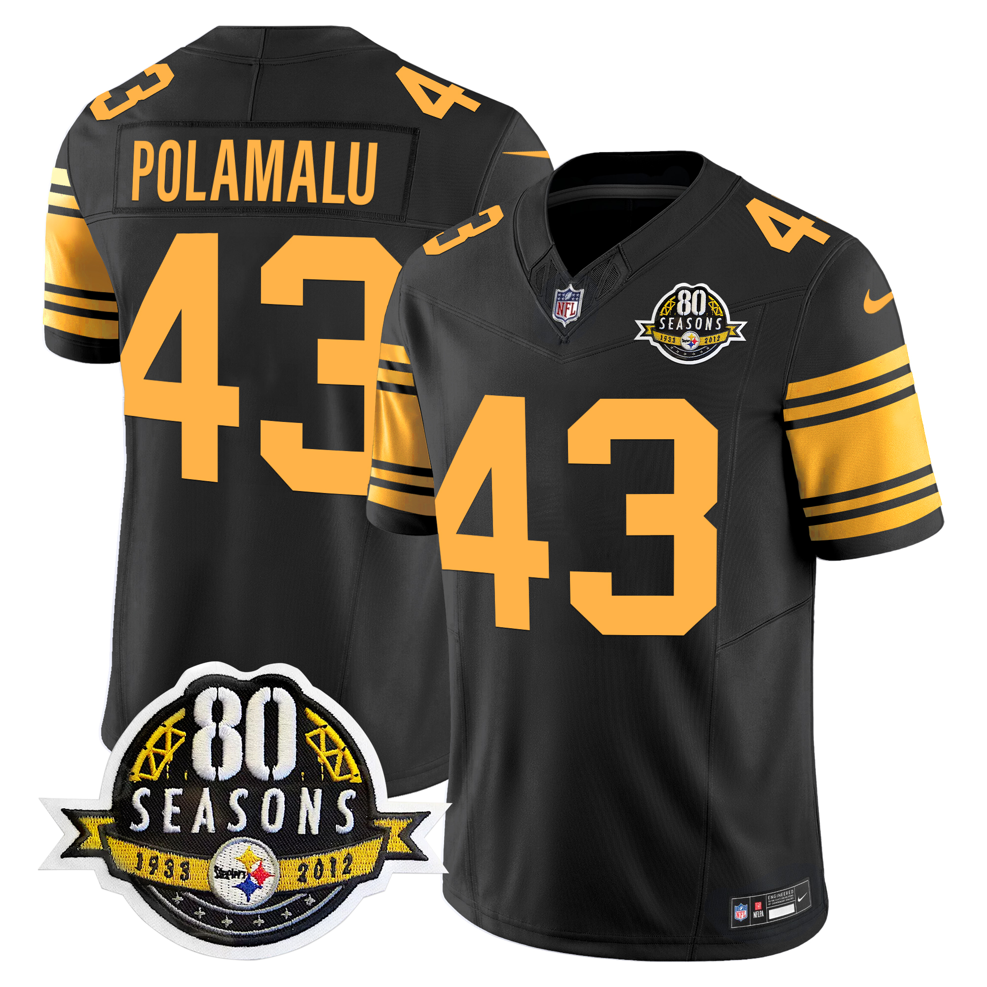 Troy Polamalu Men's Pittsburgh Steelers 80th Anniversary Patch Vapor Limited Color Rush Jersey - All Stitched