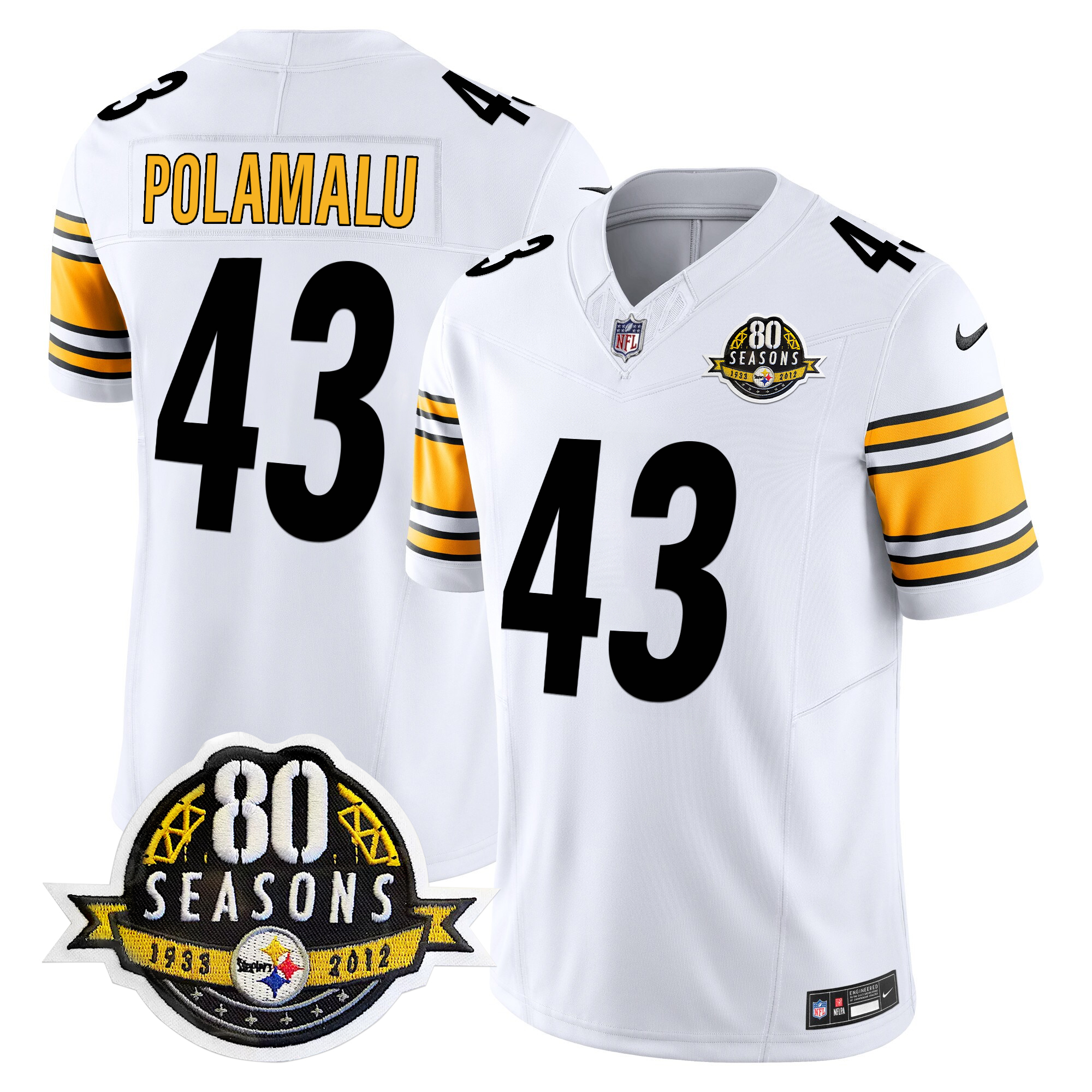 Troy Polamalu Men's Pittsburgh Steelers 80th Anniversary Patch Vapor Limited White Jersey - All Stitched