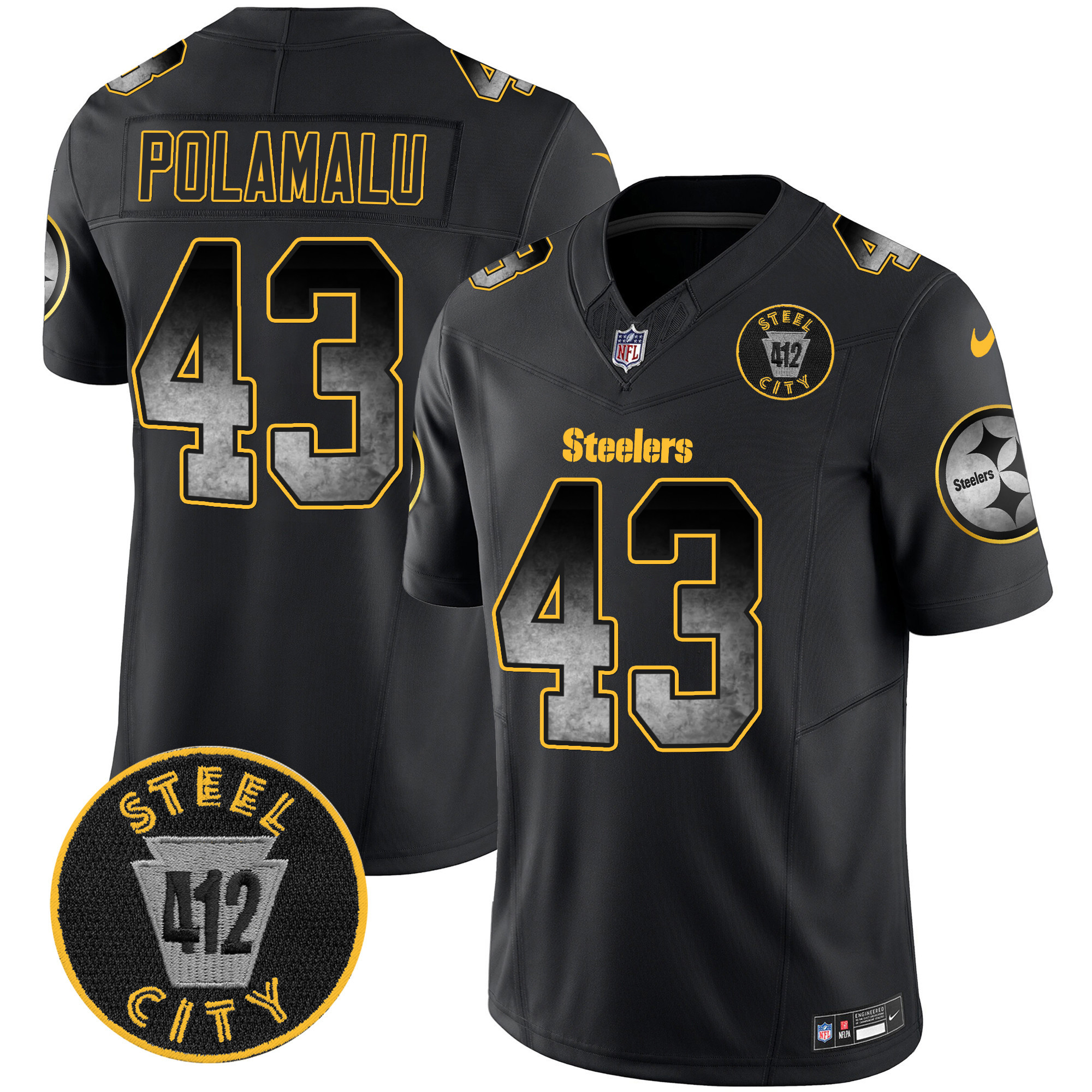 Troy Polamalu Men's Pittsburgh Steelers Arch Smoke 412 Patch Vapor Limited Black Jersey - All Stitched