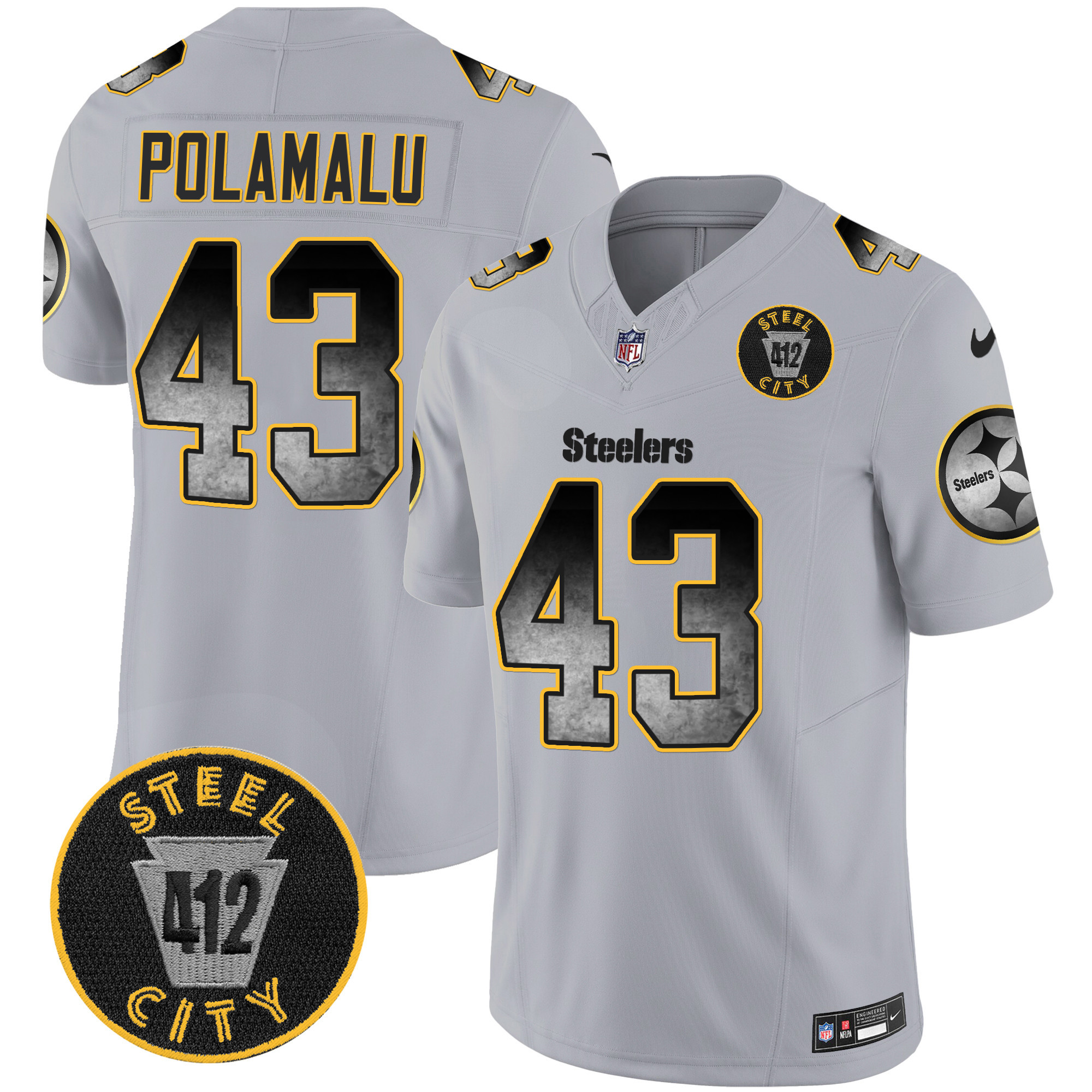 Troy Polamalu Men's Pittsburgh Steelers Arch Smoke 412 Patch Vapor Limited Gray Jersey - All Stitched
