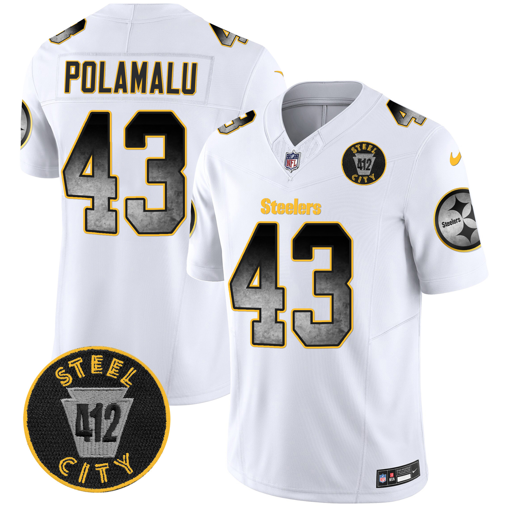 Troy Polamalu Men's Pittsburgh Steelers Arch Smoke 412 Patch Vapor Limited White Jersey - All Stitched