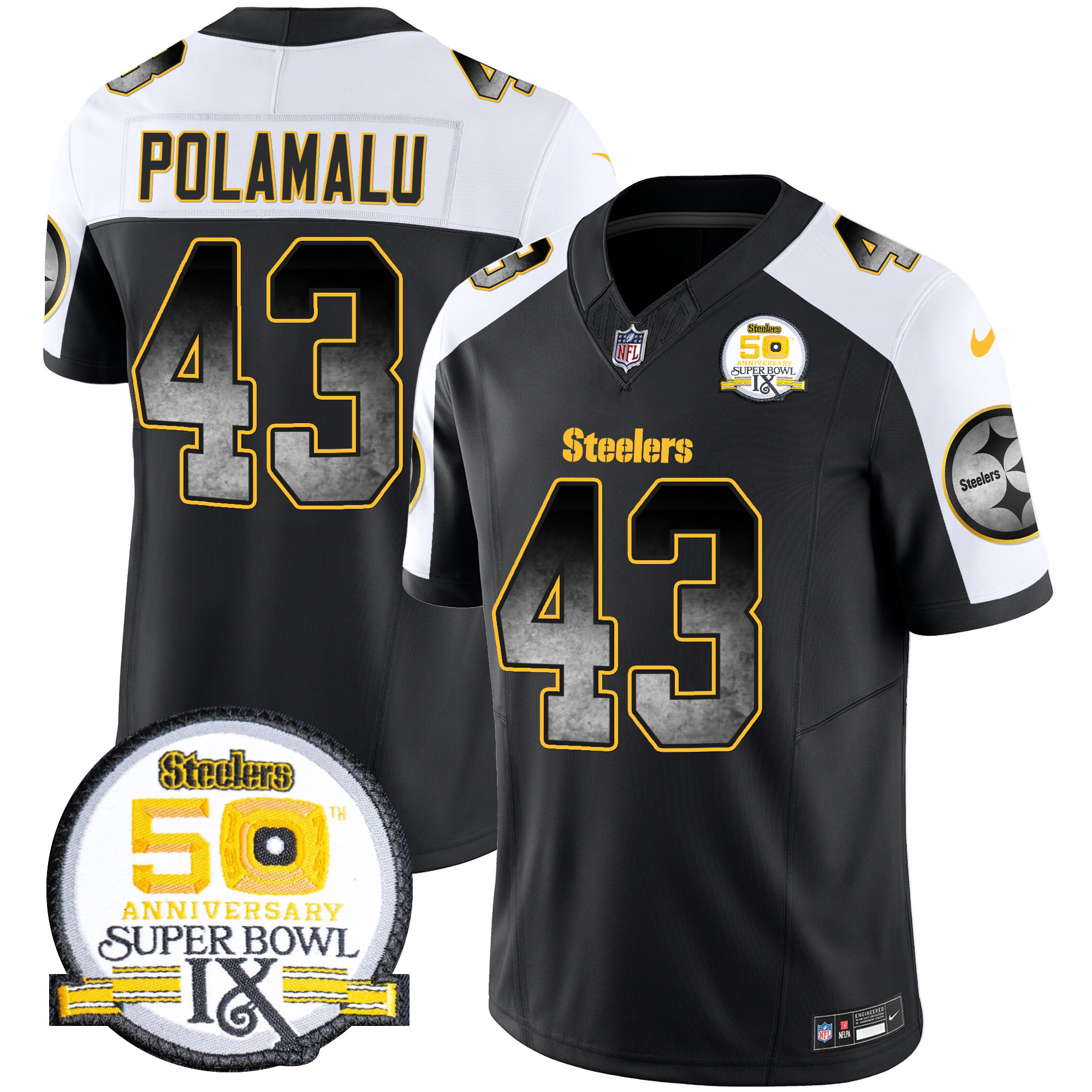 Troy Polamalu Men's Pittsburgh Steelers Arch Smoke 50th Anniversary Of Super Bowl IX Patch Vapor Limited Alternate Jersey - All Stitched