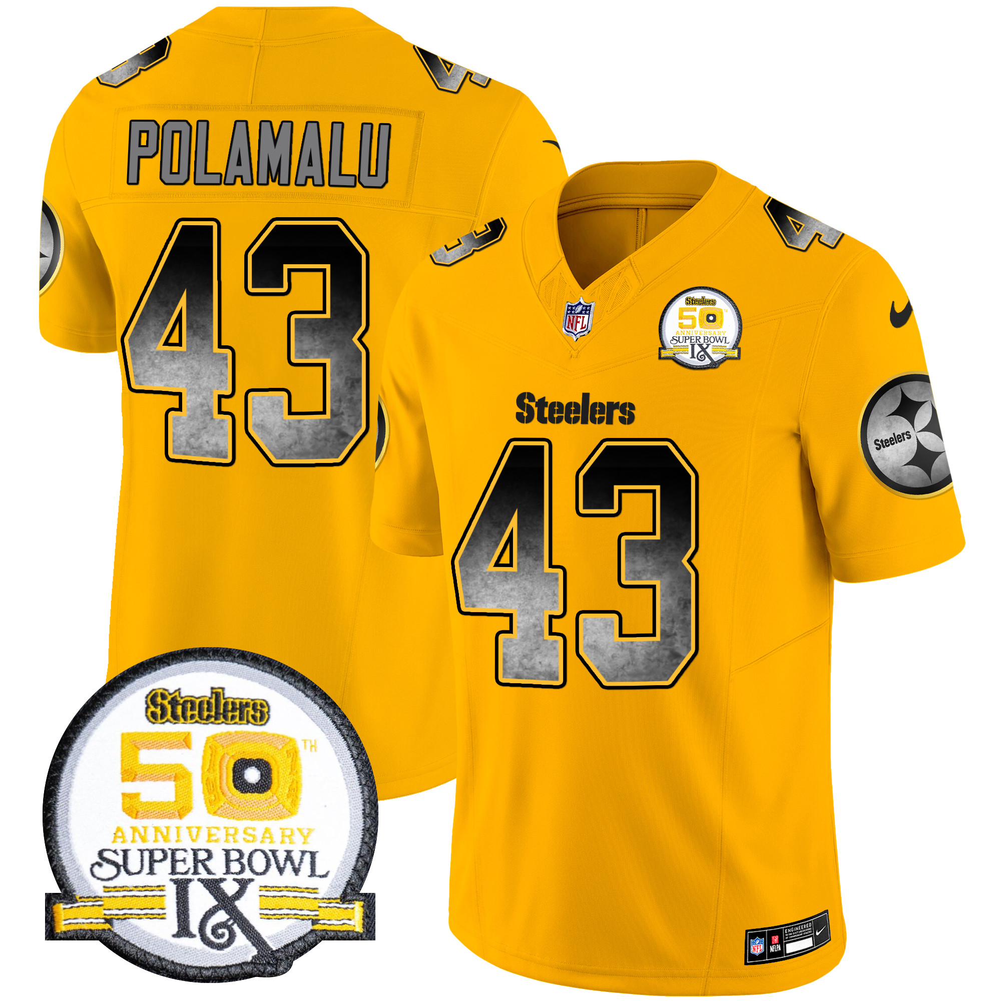 Troy Polamalu Men's Pittsburgh Steelers Arch Smoke 50th Anniversary Of Super Bowl IX Patch Vapor Limited Gold Jersey - All Stitched