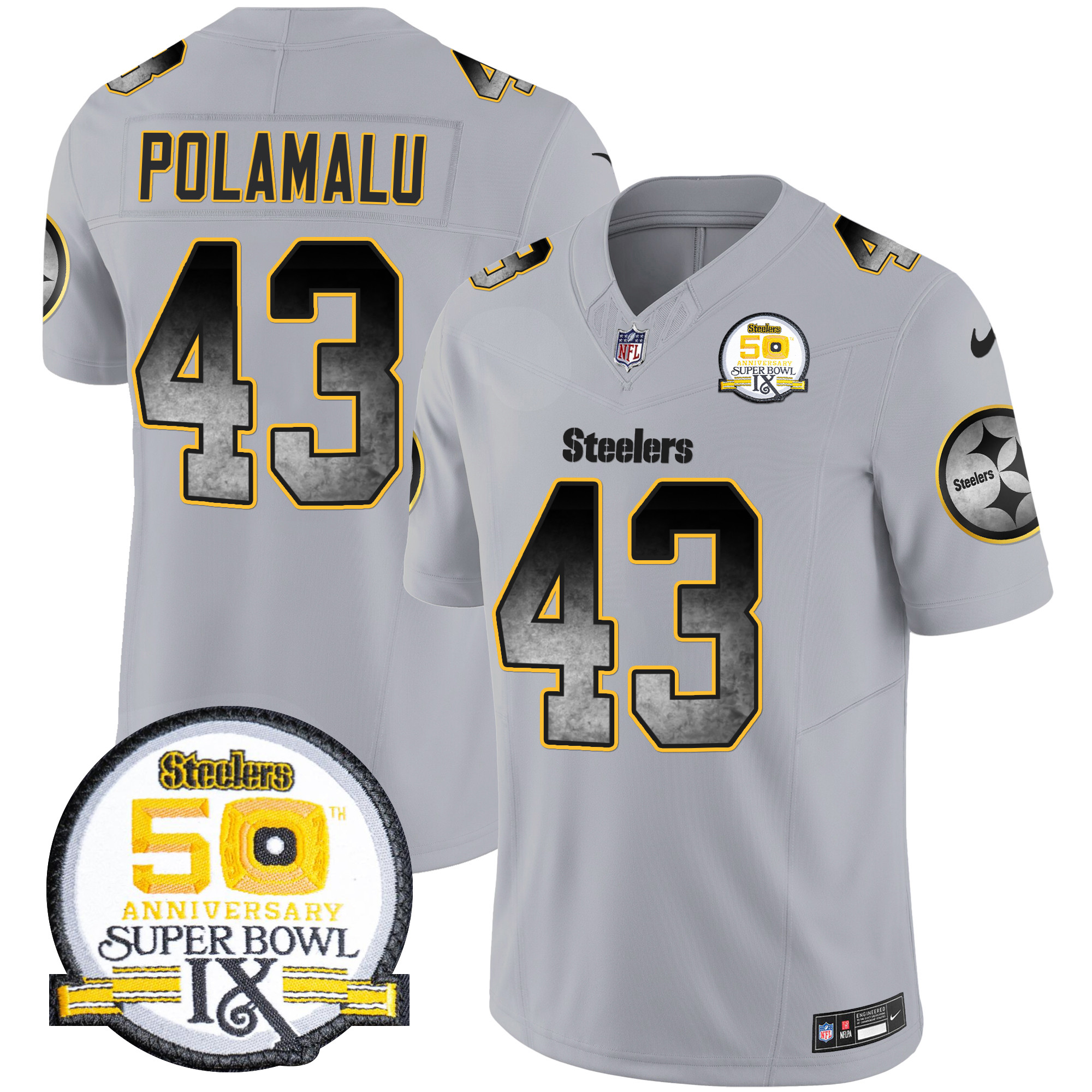 Troy Polamalu Men's Pittsburgh Steelers Arch Smoke 50th Anniversary Of Super Bowl IX Patch Vapor Limited Gray Jersey - All Stitched