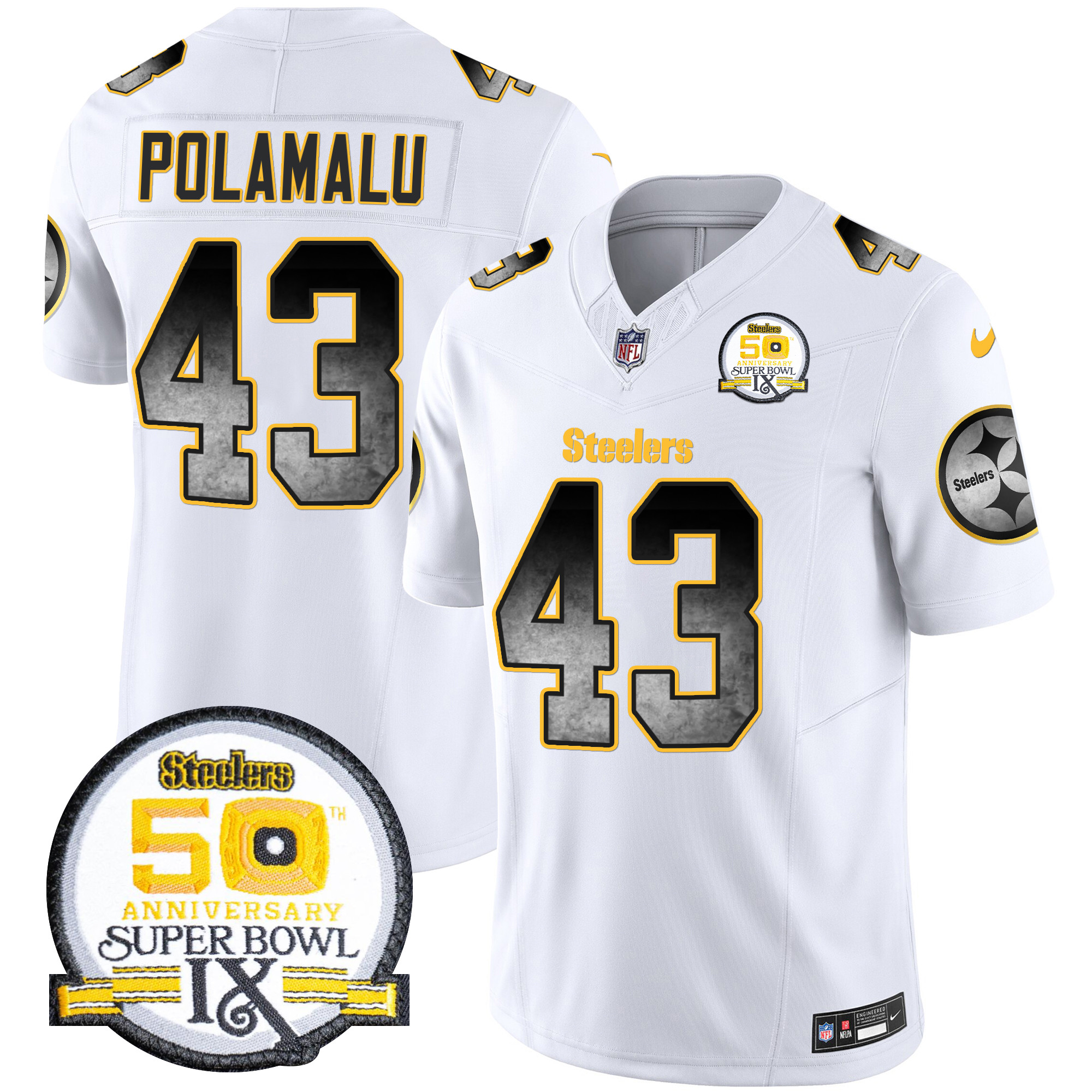 Troy Polamalu Men's Pittsburgh Steelers Arch Smoke 50th Anniversary Of Super Bowl IX Patch Vapor Limited White Jersey - All Stitched