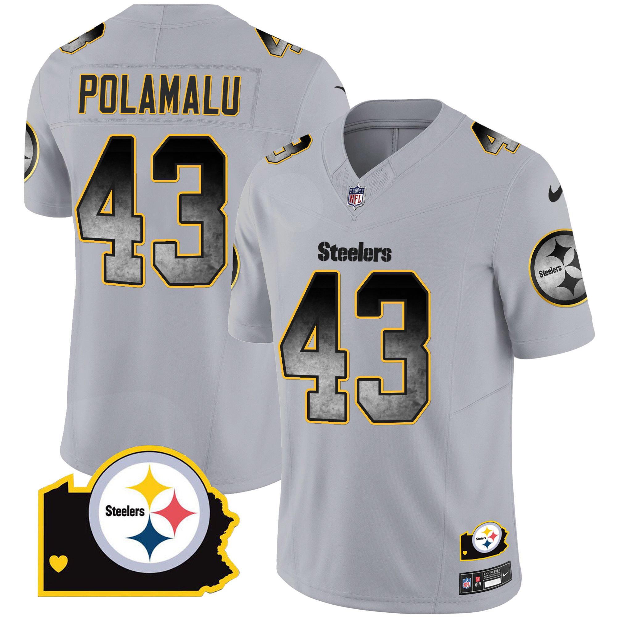Troy Polamalu Men's Pittsburgh Steelers Arch Smoke Home Patch Vapor Gray Jersey - All Stitched
