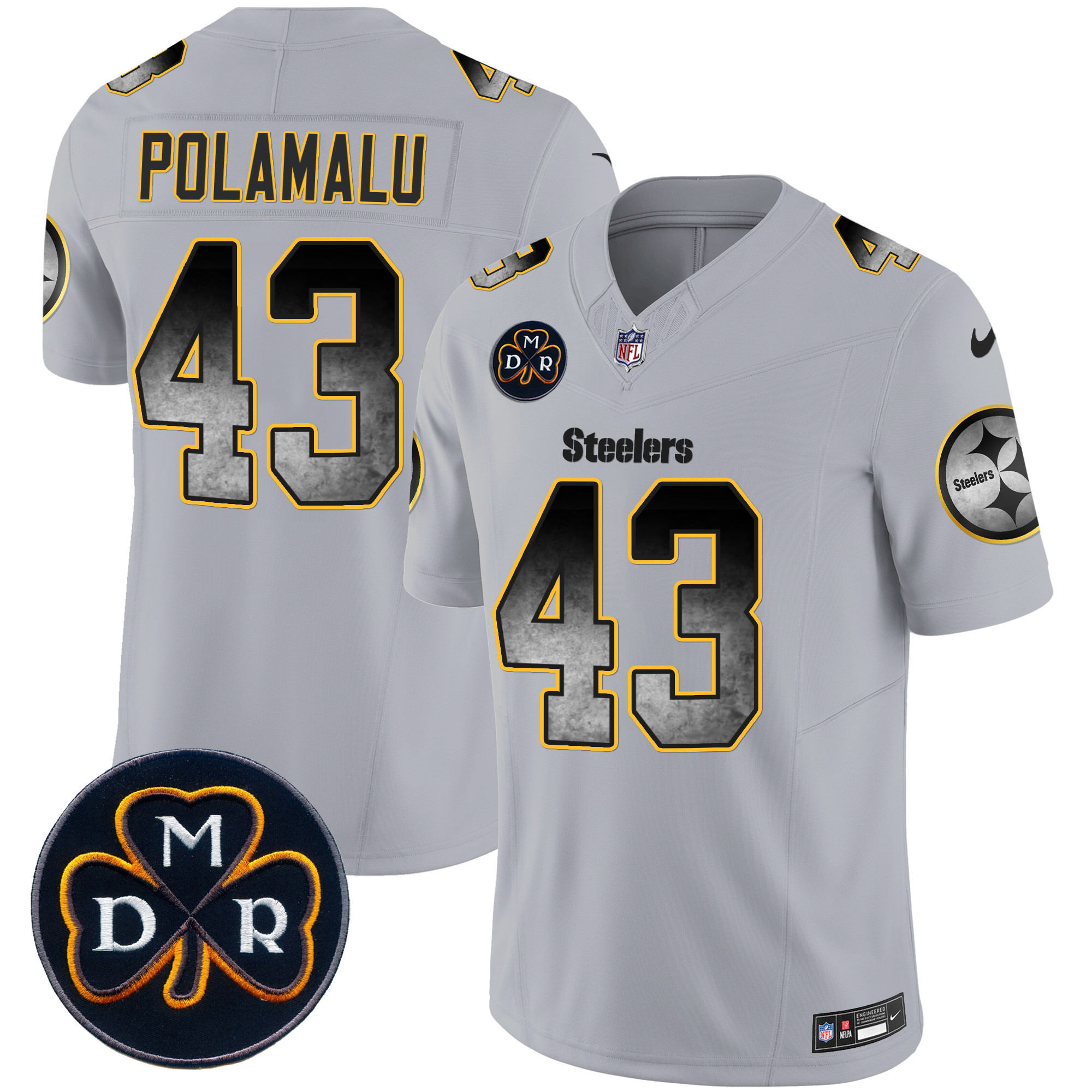 Troy Polamalu Men's Pittsburgh Steelers DMR Patch Arch Smoke Vapor Limited Gray Jersey - All Stitched