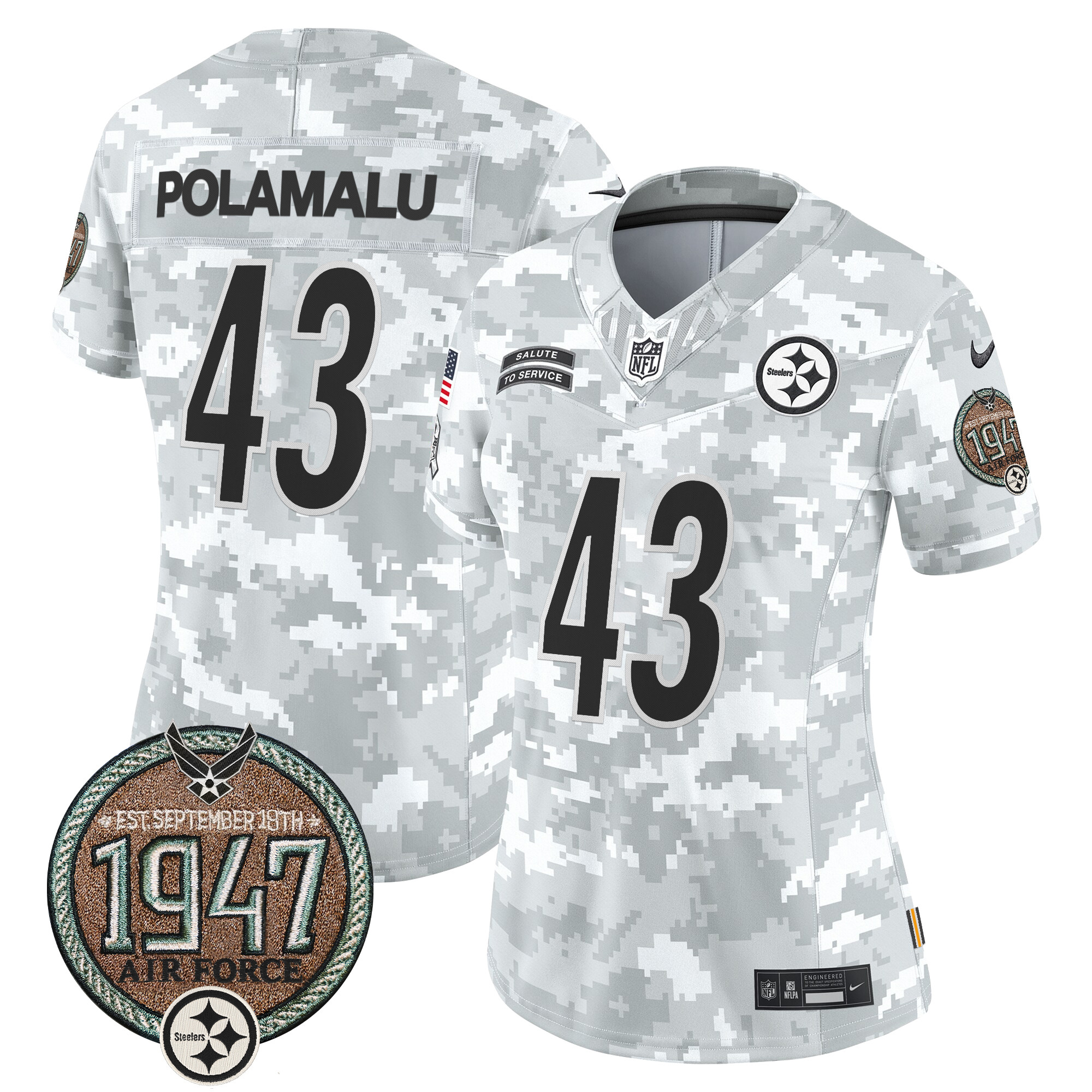 Troy Polamalu Women's Pittsburgh Steelers 2024 Salute to Service Establishment Year Patch Vapor Limited Air Force Jersey - All Stitched