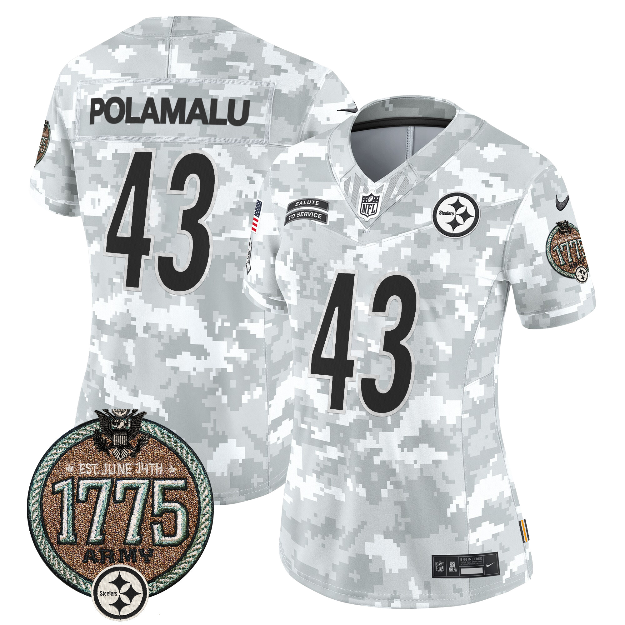 Troy Polamalu Women's Pittsburgh Steelers 2024 Salute to Service Establishment Year Patch Vapor Limited Army Jersey - All Stitched