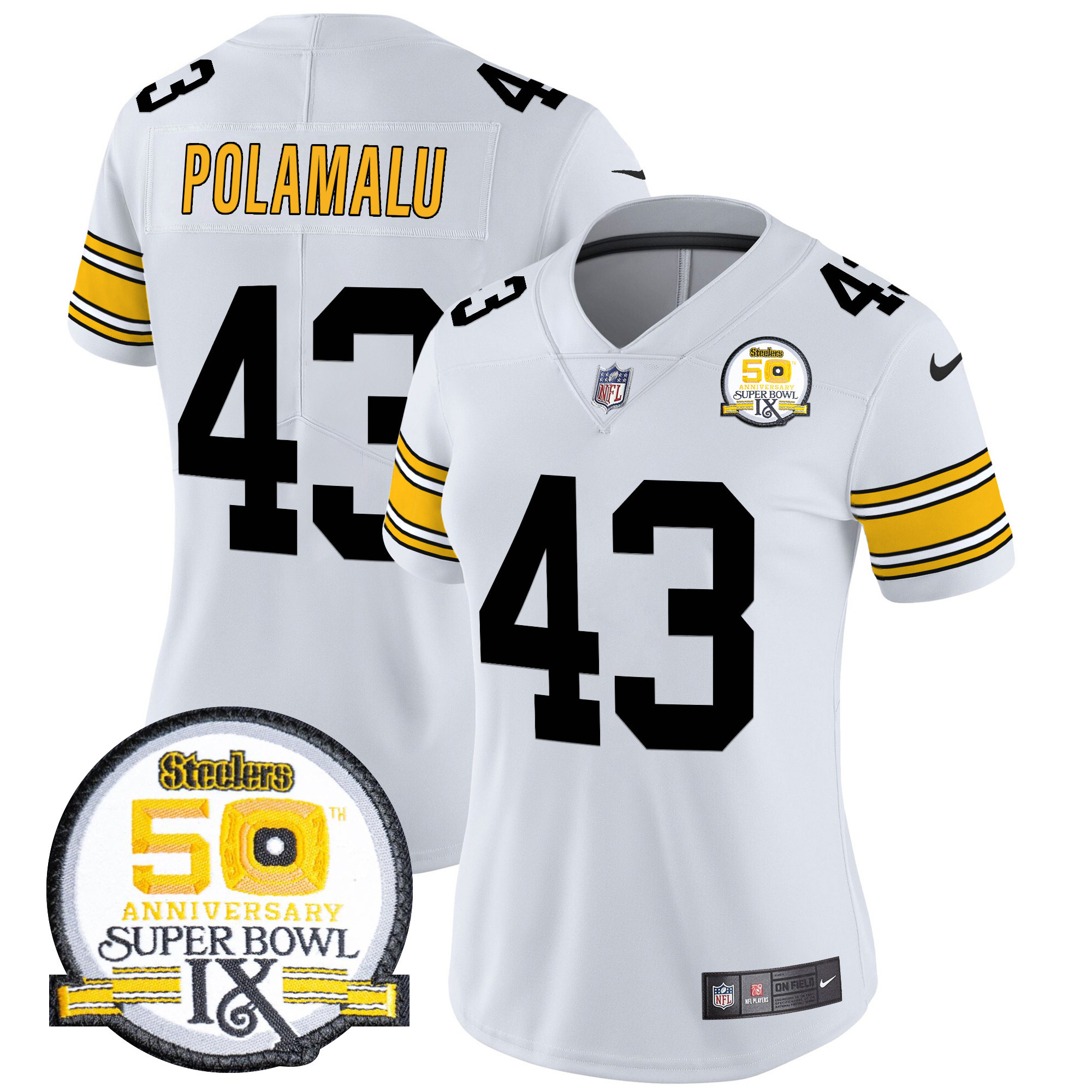 Troy Polamalu Women's Pittsburgh Steelers 50th Anniversary Of Super Bowl IX Patch Vapor Limited 1975 White Jersey - All Stitched