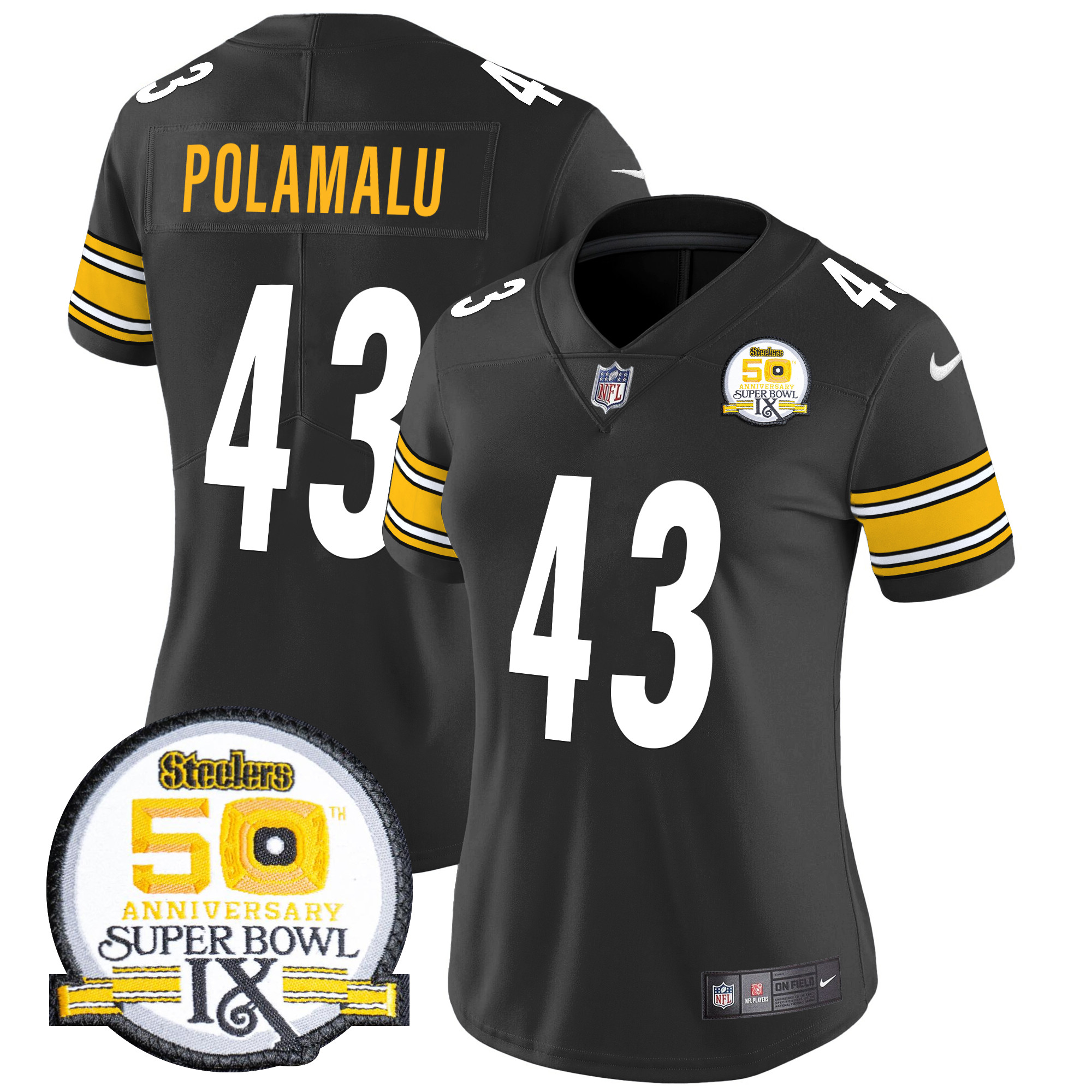 Troy Polamalu Women's Pittsburgh Steelers 50th Anniversary Of Super Bowl IX Patch Vapor Limited Black Jersey - All Stitched
