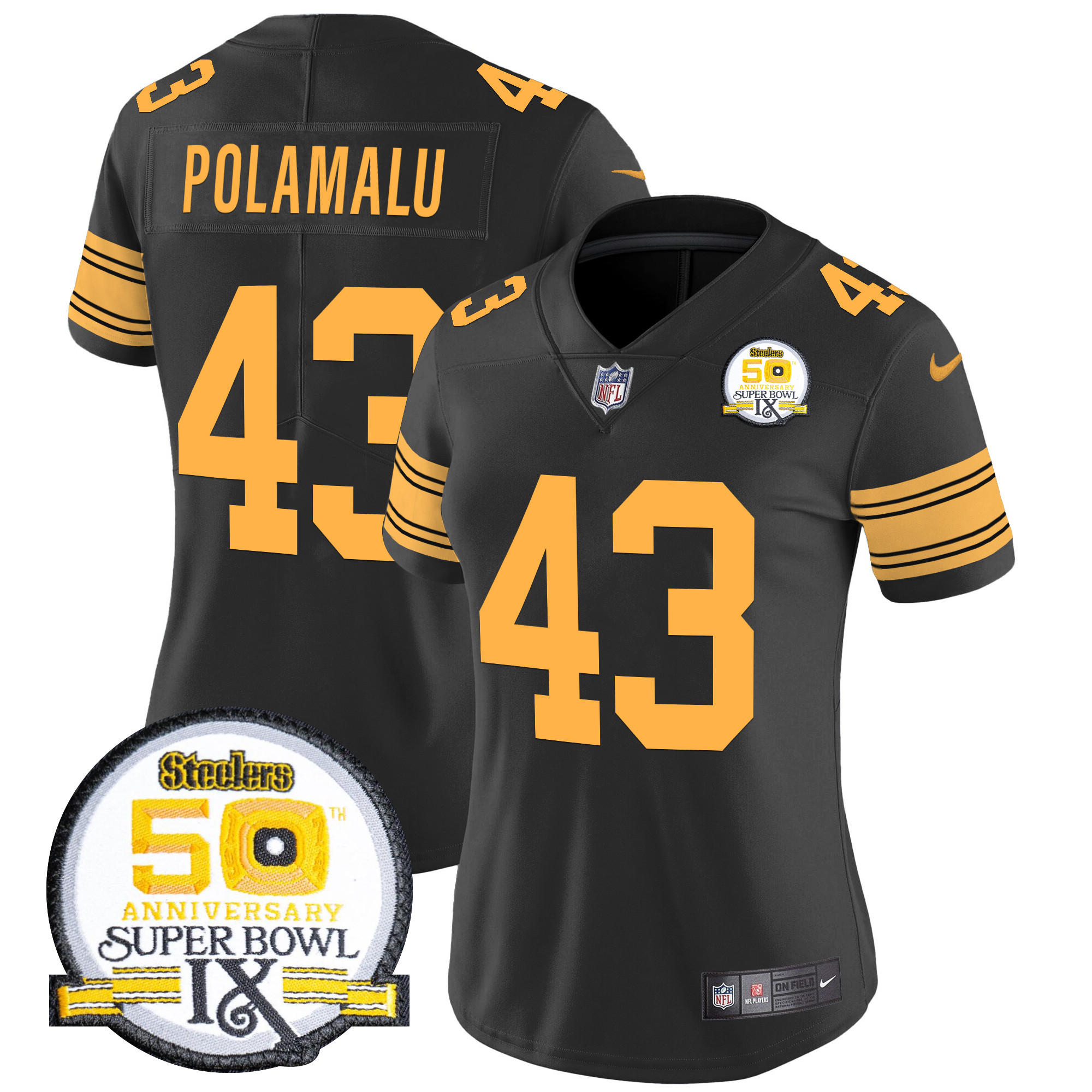 Troy Polamalu Women's Pittsburgh Steelers 50th Anniversary Of Super Bowl IX Patch Vapor Limited Color Rush Jersey - All Stitched