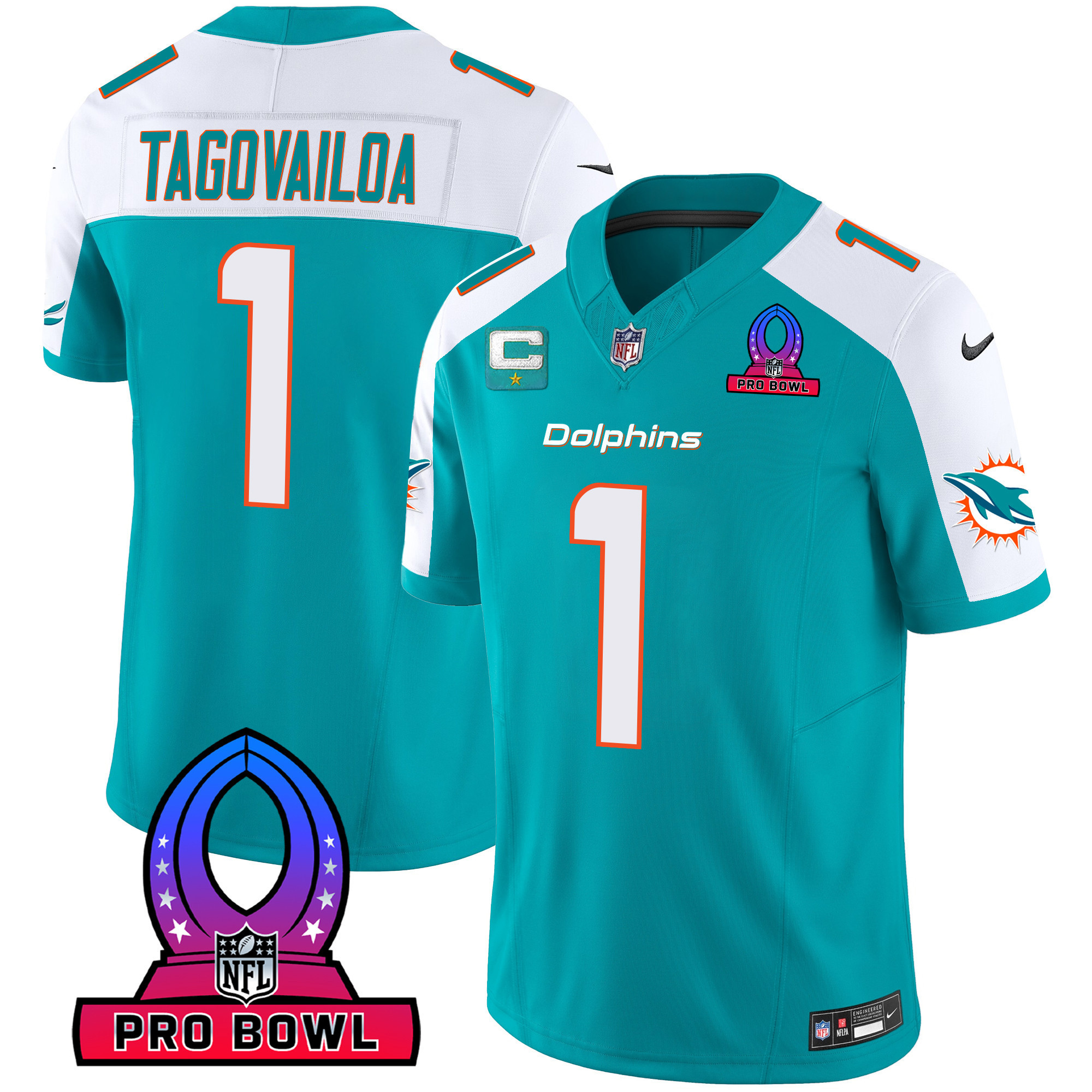 Tua Tagovailoa Men's Miami Dolphins 2024 Pro Bowl Patch Vapor Aqua Alternate Jersey - All Stitched
