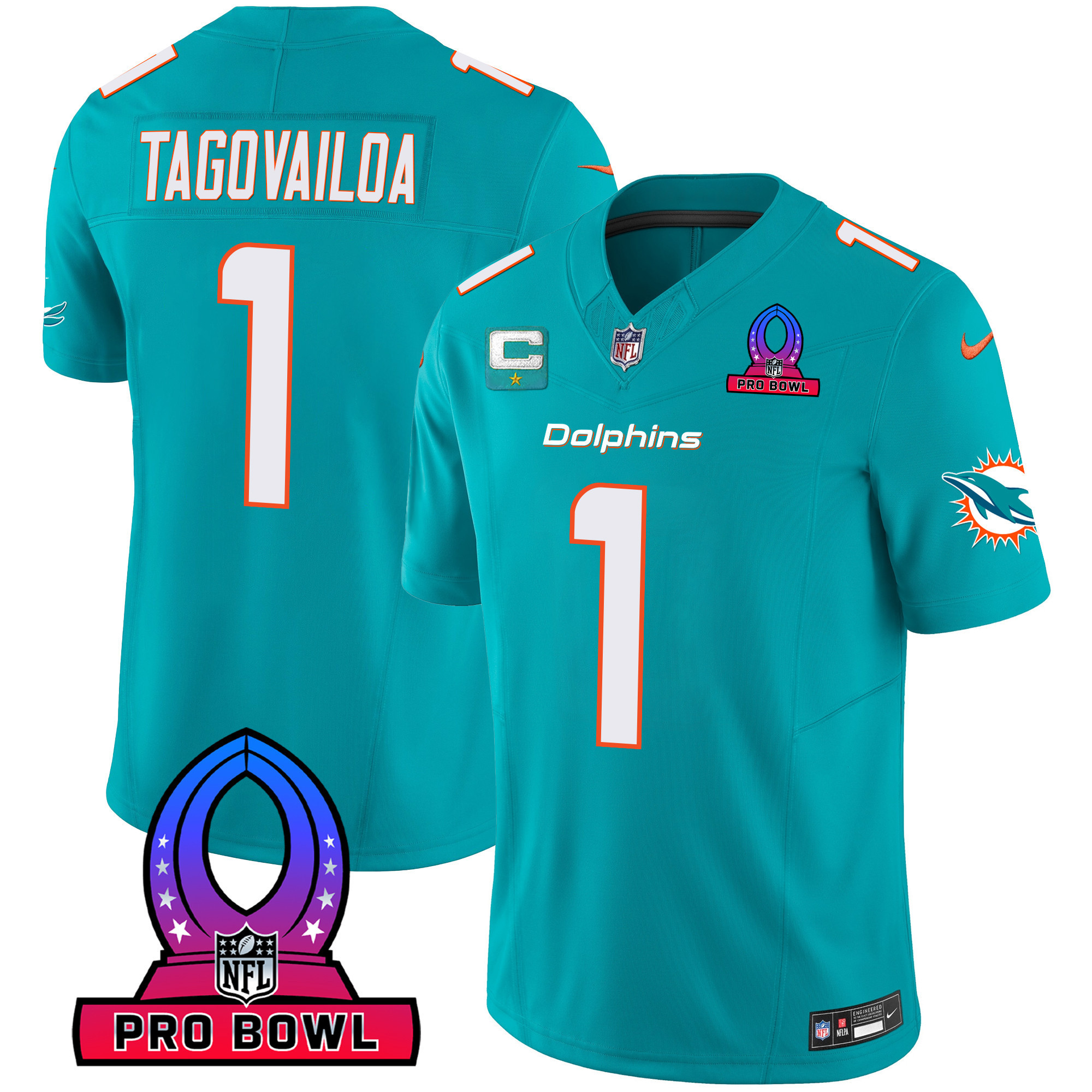 Tua Tagovailoa Men's Miami Dolphins 2024 Pro Bowl Patch Vapor Aqua Jersey - All Stitched