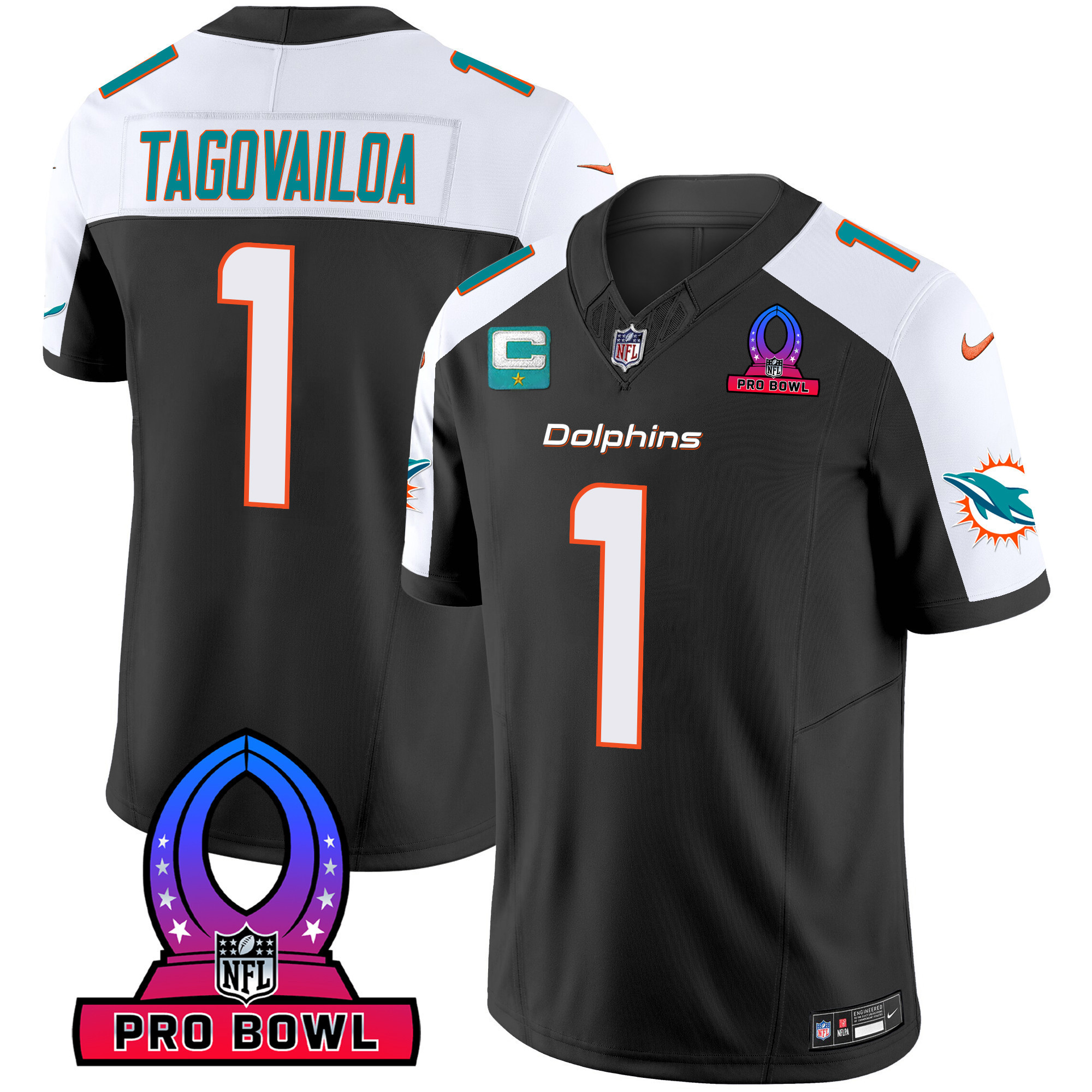 Tua Tagovailoa Men's Miami Dolphins 2024 Pro Bowl Patch Vapor Black Alternate Jersey - All Stitched