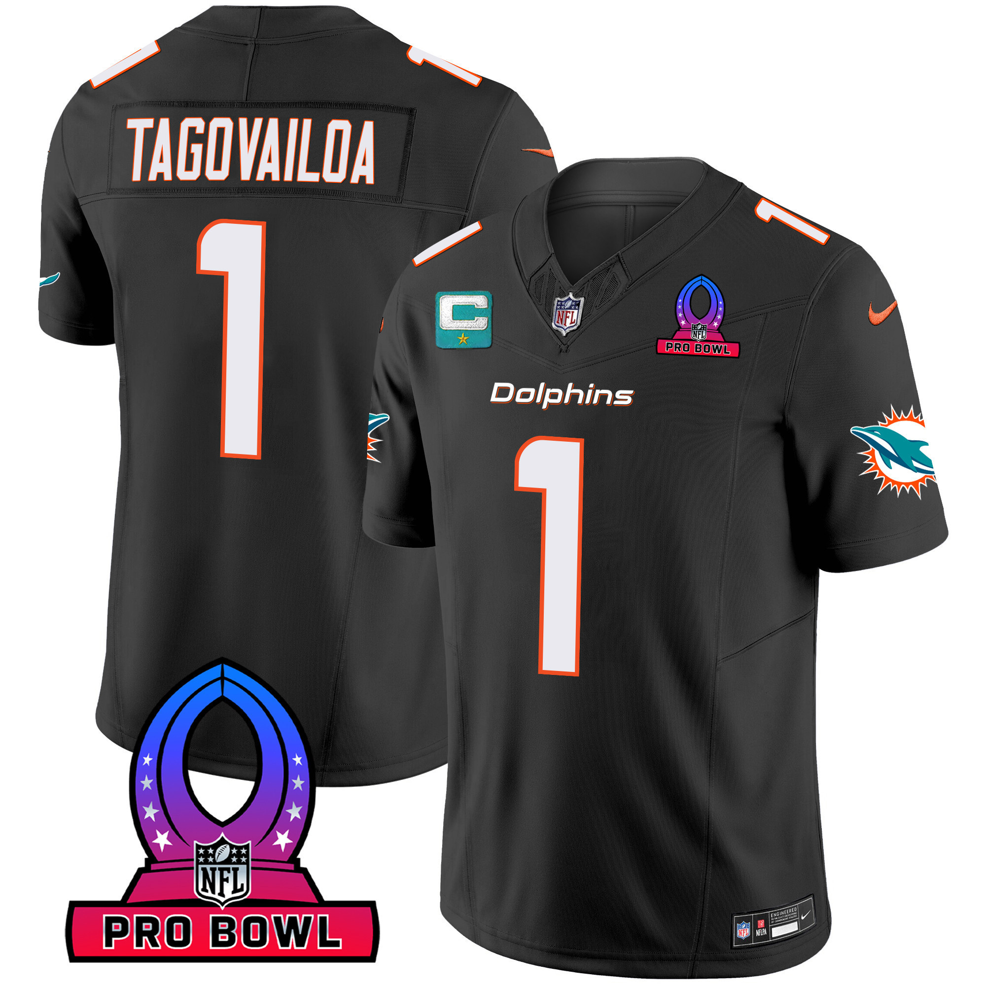 Tua Tagovailoa Men's Miami Dolphins 2024 Pro Bowl Patch Vapor Black Jersey - All Stitched
