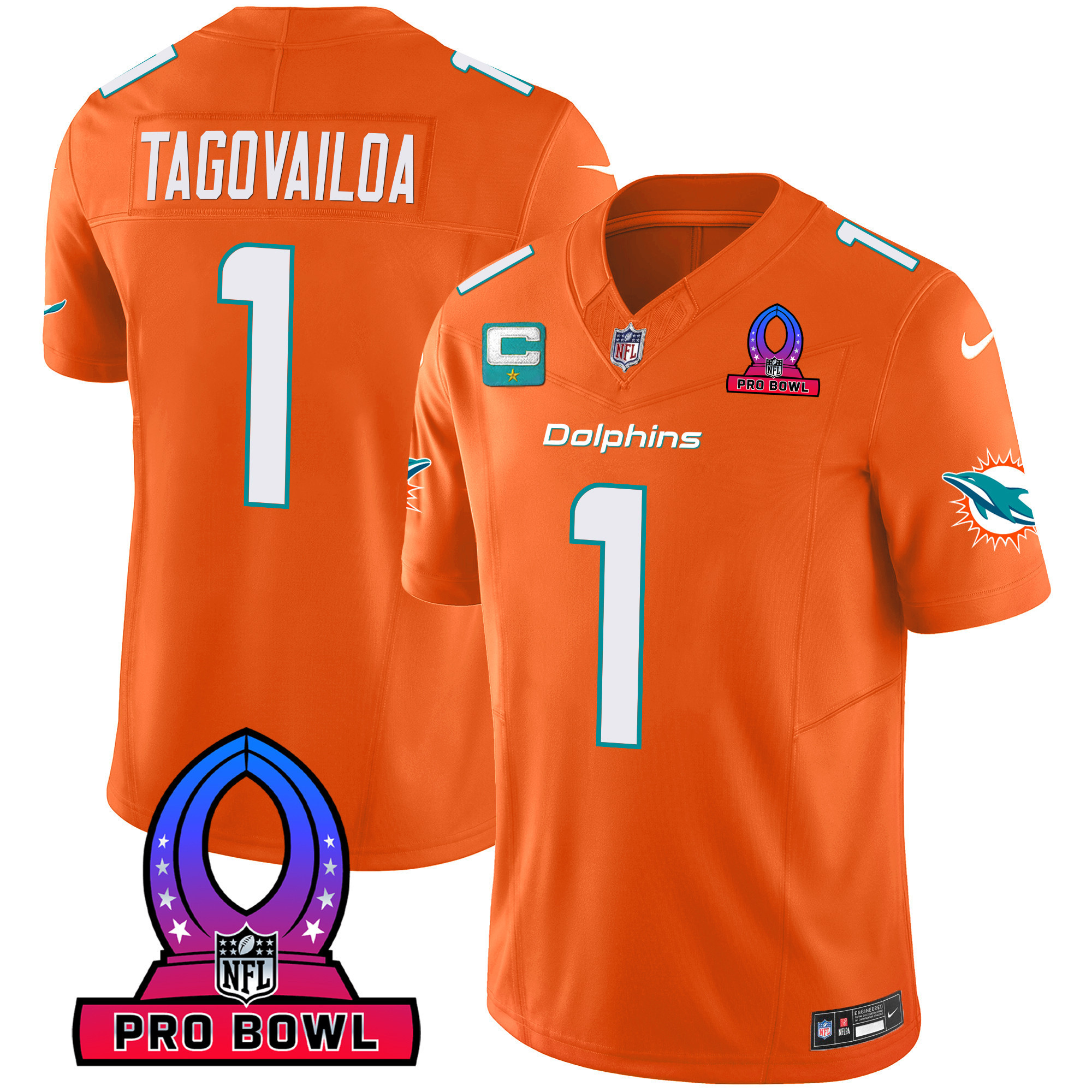 Tua Tagovailoa Men's Miami Dolphins 2024 Pro Bowl Patch Vapor Orange Jersey - All Stitched