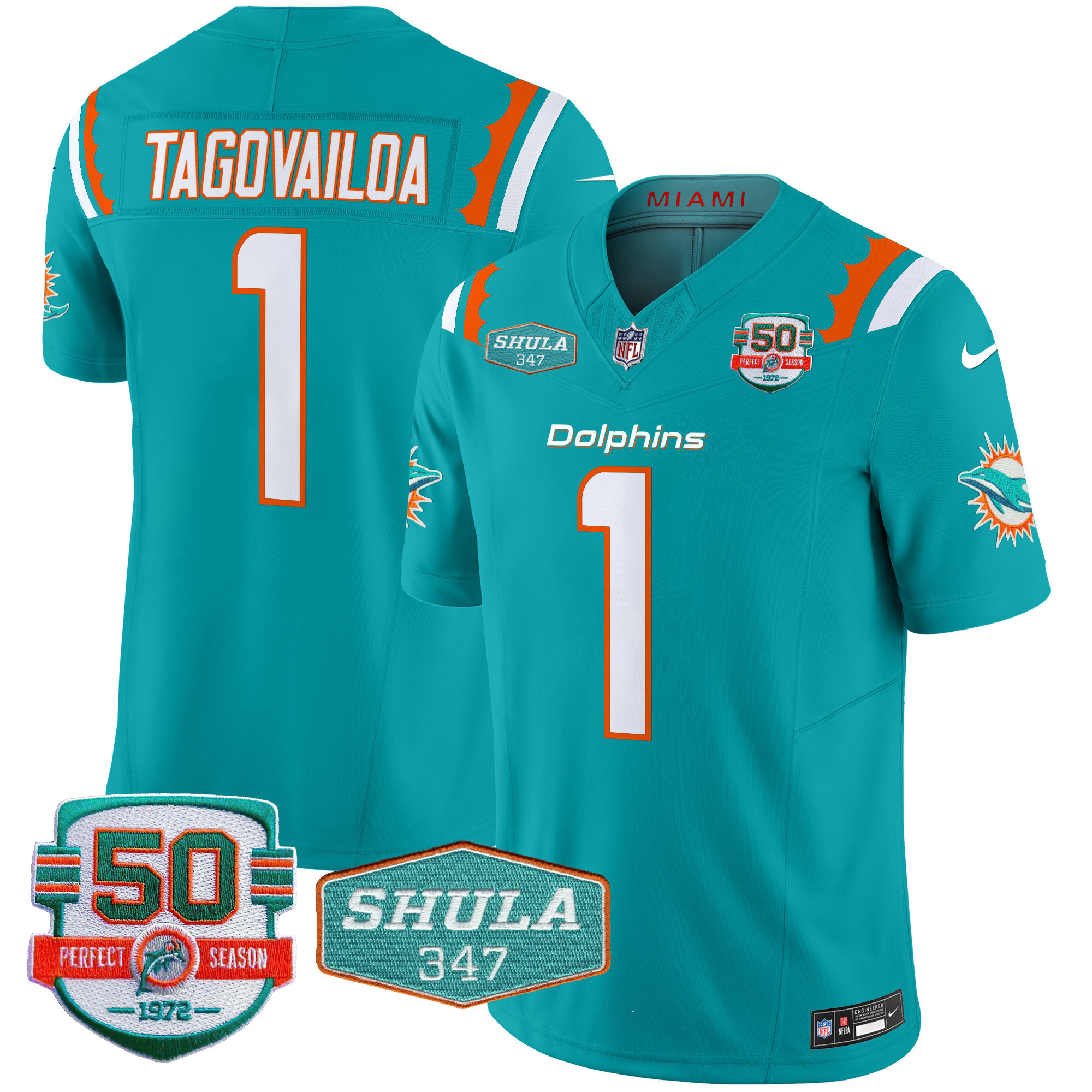 Tua Tagovailoa Men's Miami Dolphins 50th & Don Shula 347 Memorial Patch Vapor Limited Aqua Jersey - All Stitched
